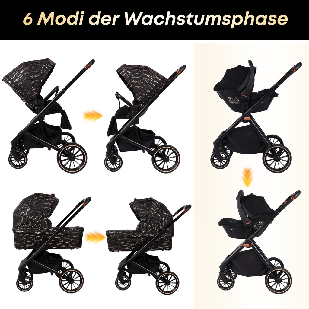BabyVoyage 4-in-1 Kinderwagen set Schwarz und Gold Nahtloser Wechsel zwischen mehreren Szenen