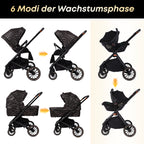 BabyVoyage 4-in-1 Kinderwagen set Schwarz und Gold Nahtloser Wechsel zwischen mehreren Szenen