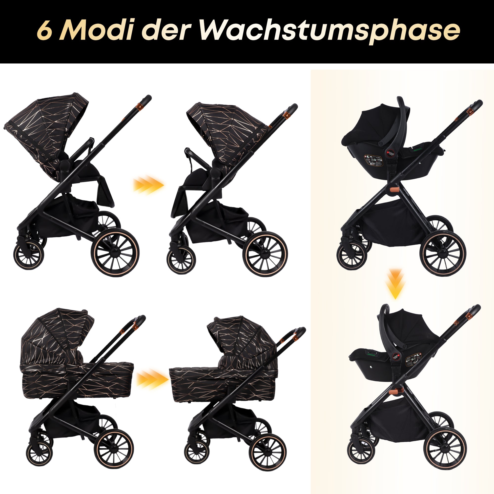 BabyVoyage 4-in-1 Kinderwagen set Schwarz und Gold Nahtloser Wechsel zwischen mehreren Szenen