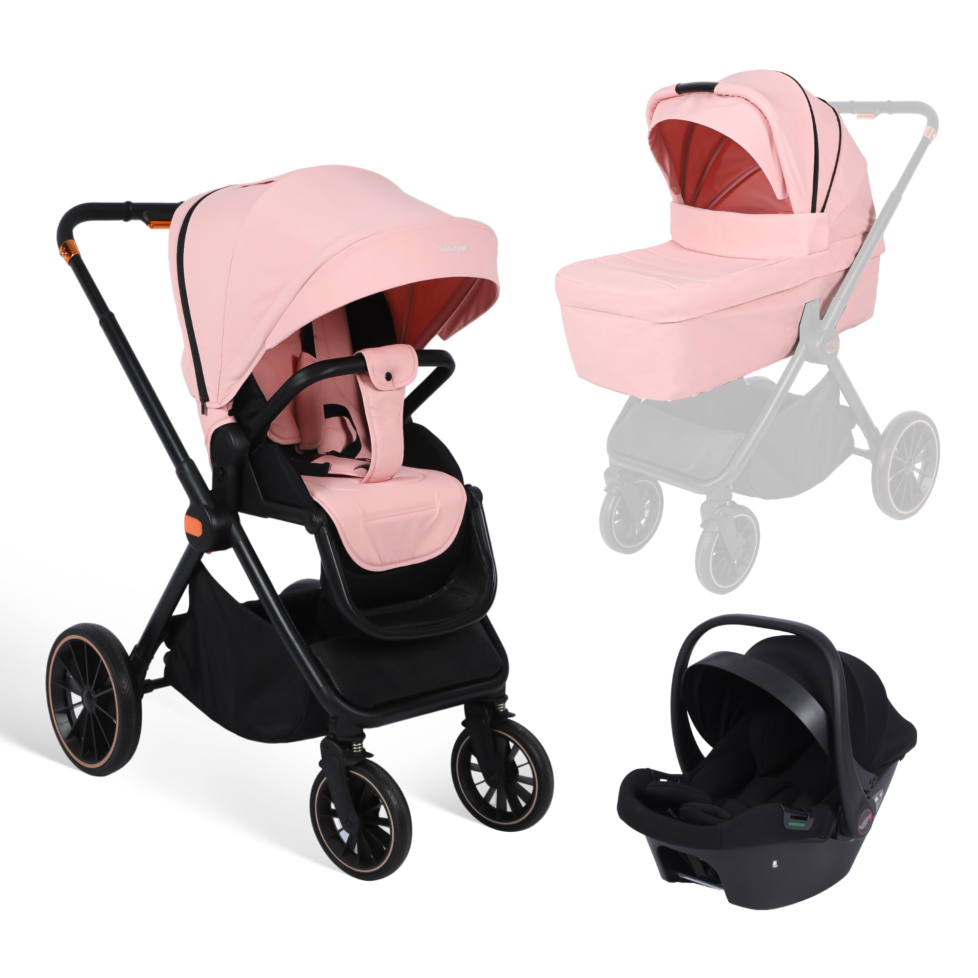 BabyVoyage 3-in-1 Tiefschwarz-Kinderwagen | Militäraluminium + XXL-Wickeltasche | Einhand-Faltung & Allwettertauglich
