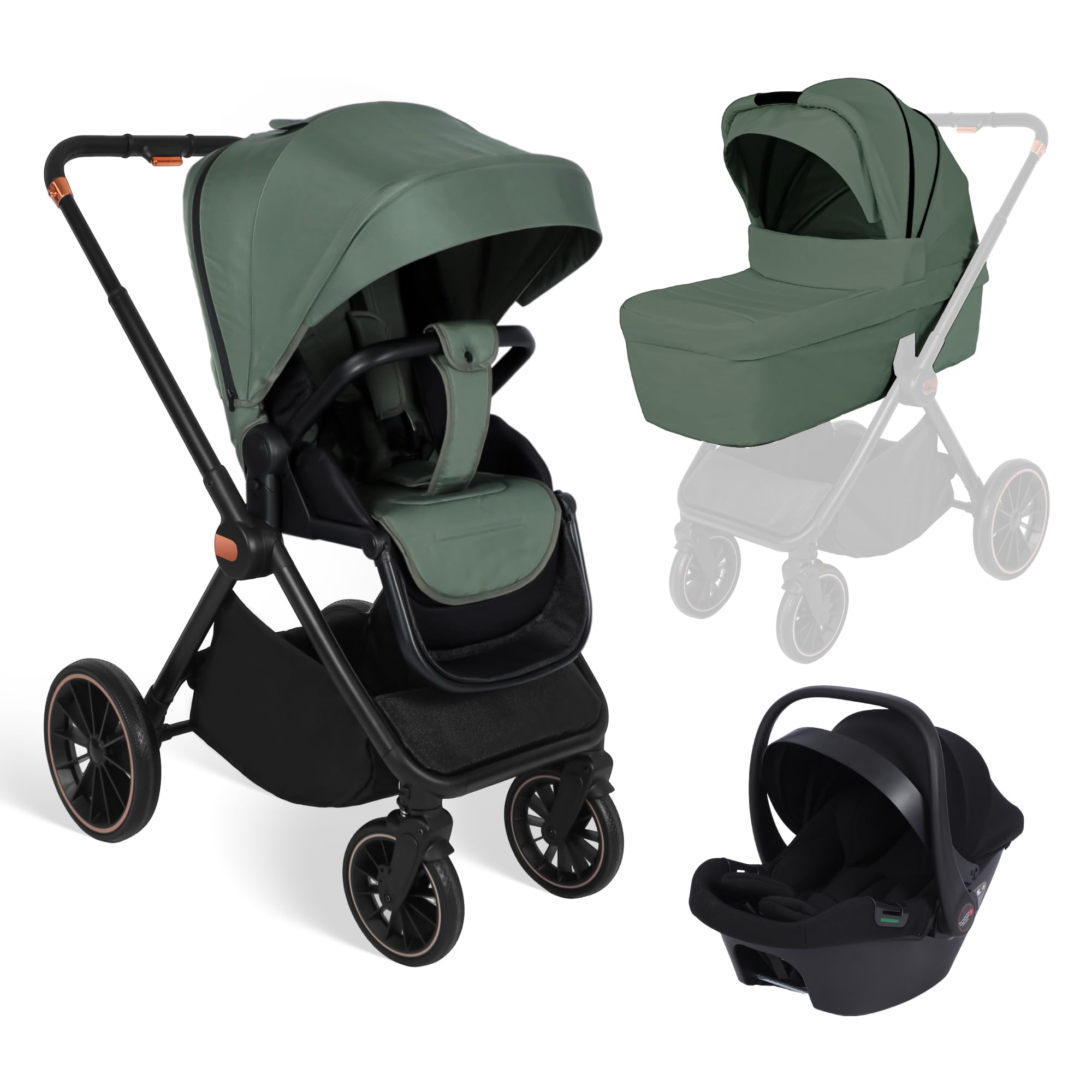 BabyVoyage 3-in-1Kinderwagen| Zweiweg-Montage & Einhand-Faltung Klassisches Grün