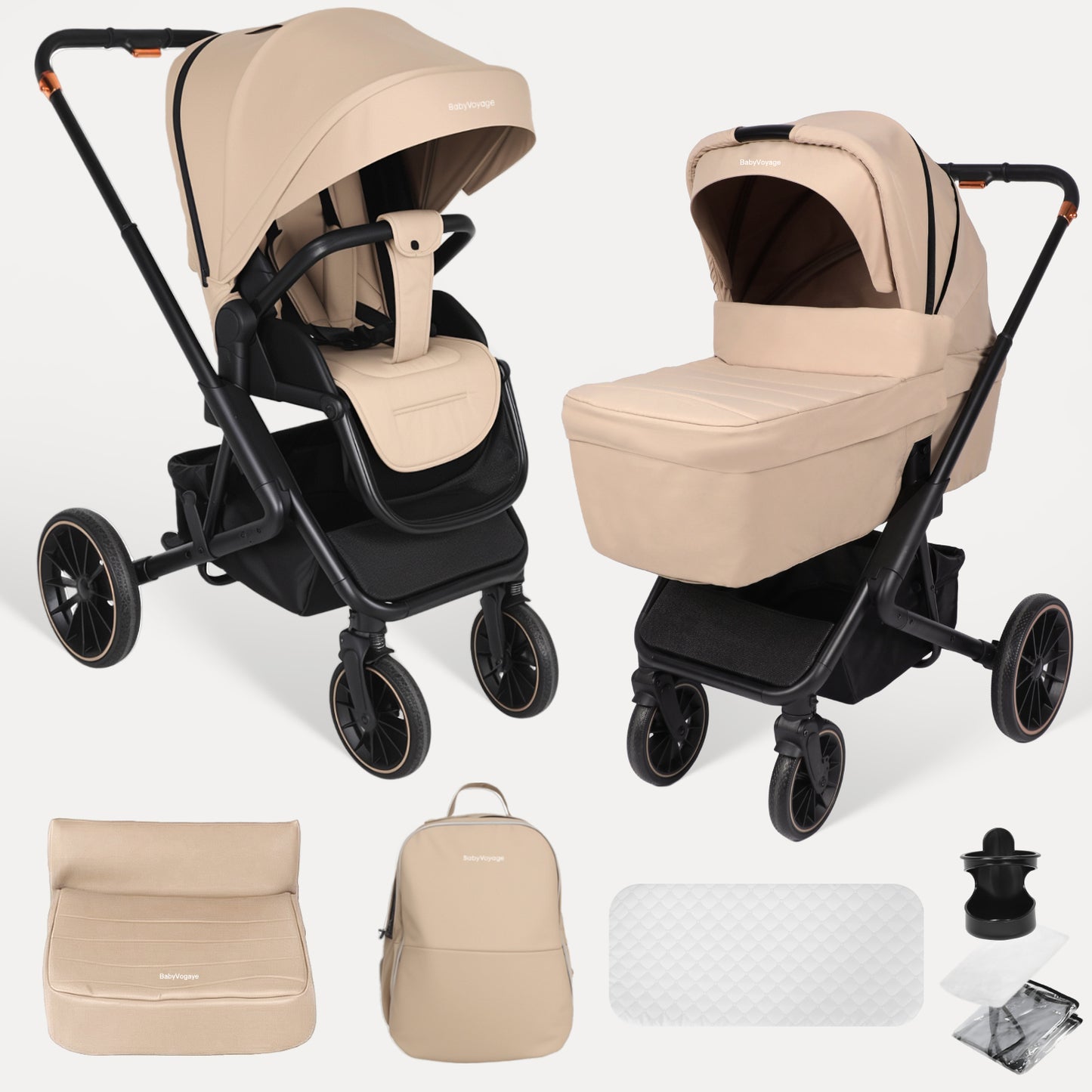 Cochecito Baby Voyage 2 en 1 Starry Sky-Gray capazo y asiento deportivo, ruedas amortiguadoras 360°