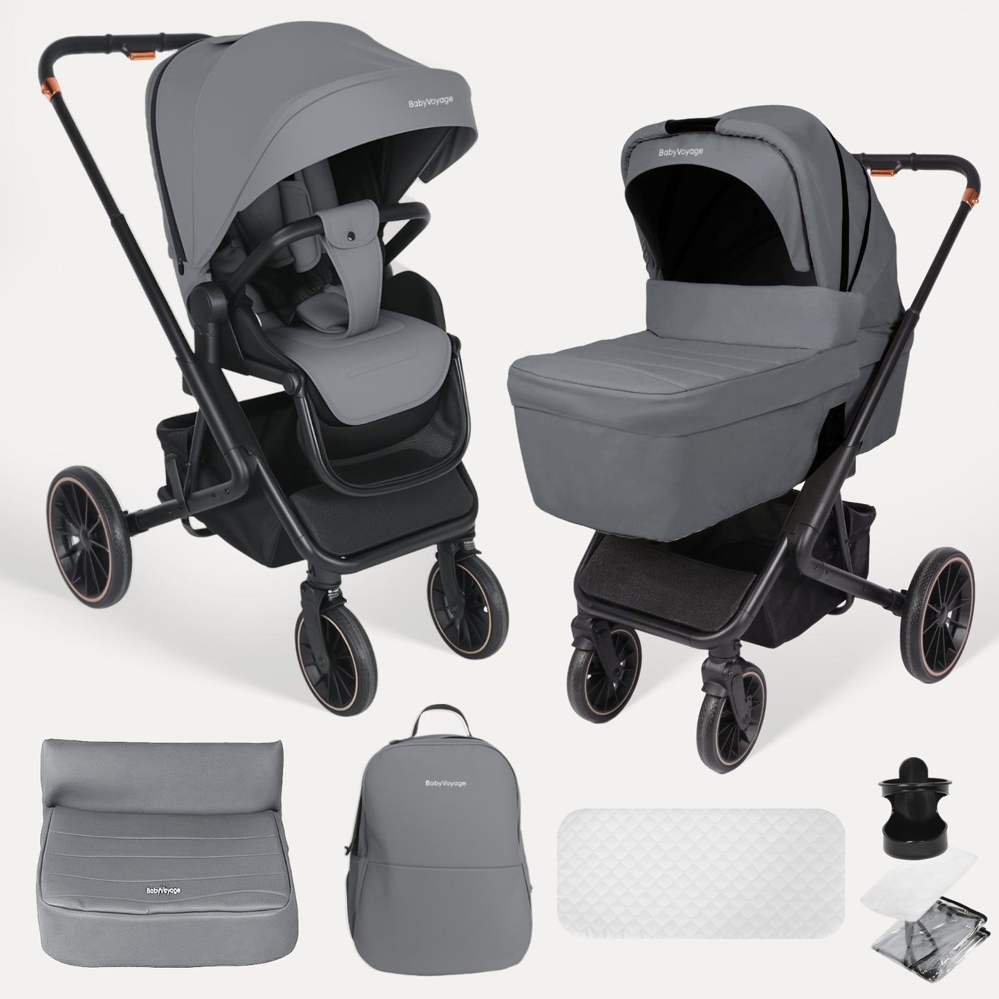 Cochecito Baby Voyage 2 en 1 Starry Sky-Gray capazo y asiento deportivo, ruedas amortiguadoras 360°