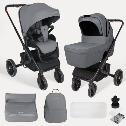 Cochecito Baby Voyage 2 en 1 Starry Sky-Gray capazo y asiento deportivo, ruedas amortiguadoras 360°