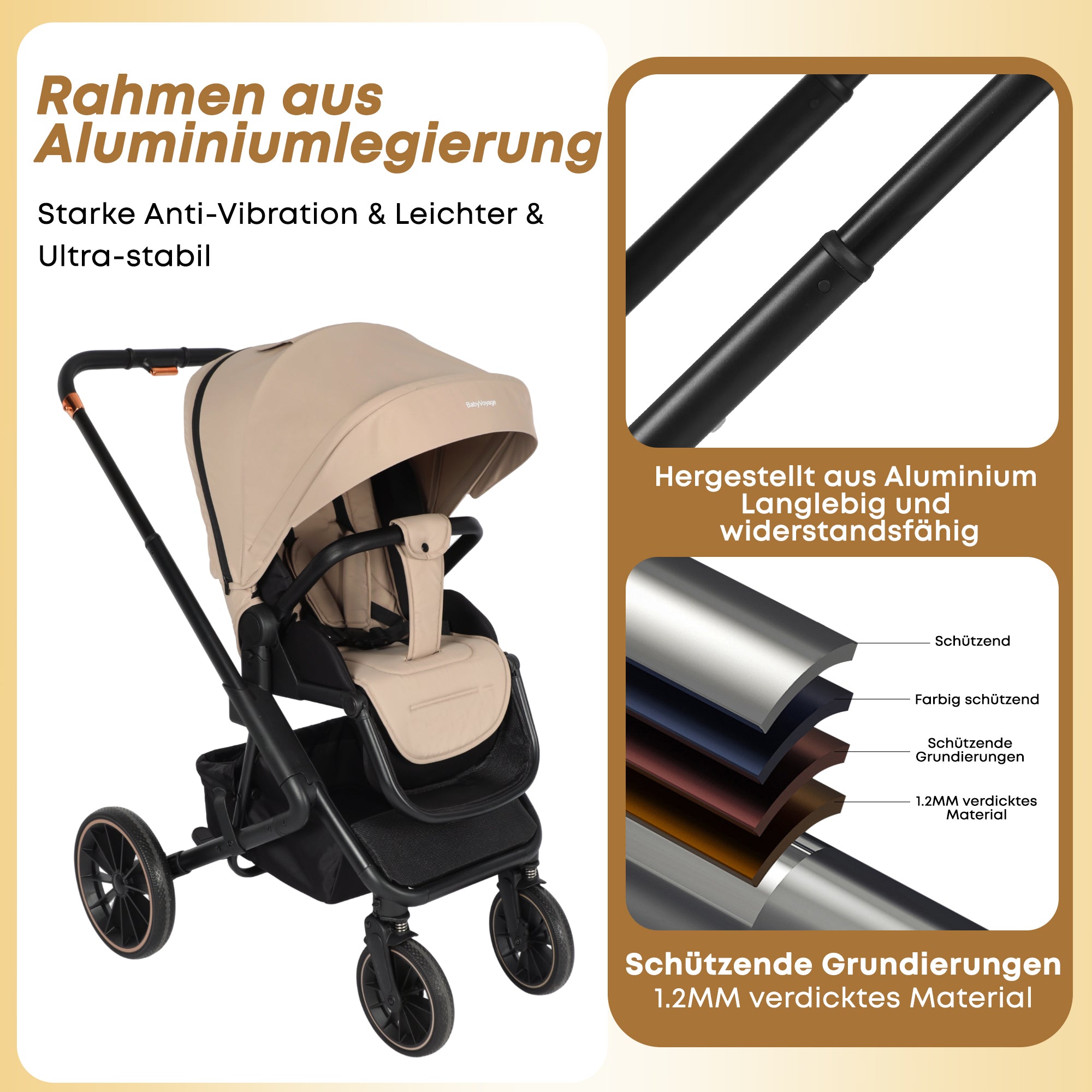 4 in 1 Kinderwagen-Set beige Premium-Travel System Babywanne+Buggy+Autositz