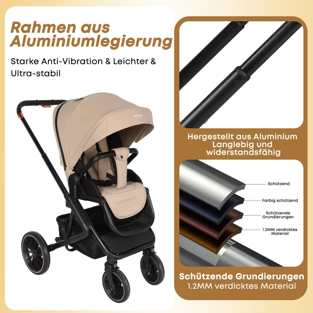 3-in-1 Kinderwagen–Federungssystem und verstellbarer Rückenlehne. Inklusive Babyschale  EN-18888 Normen.
