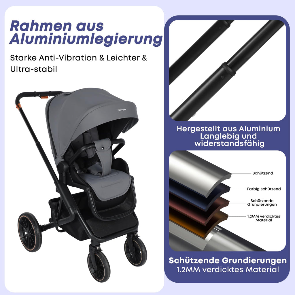 3-in-1 Kinderwagen–Federungssystem und verstellbarer Rückenlehne. Inklusive Babyschale  EN-18888 Normen.