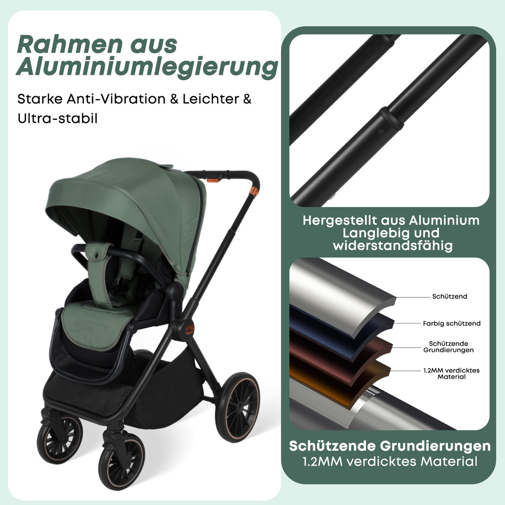 BabyVoyage 4 in 1 Kinderwagen Alpin Grün: Zwei Schiebe-Richtungen + Ein-Klick-Faltung