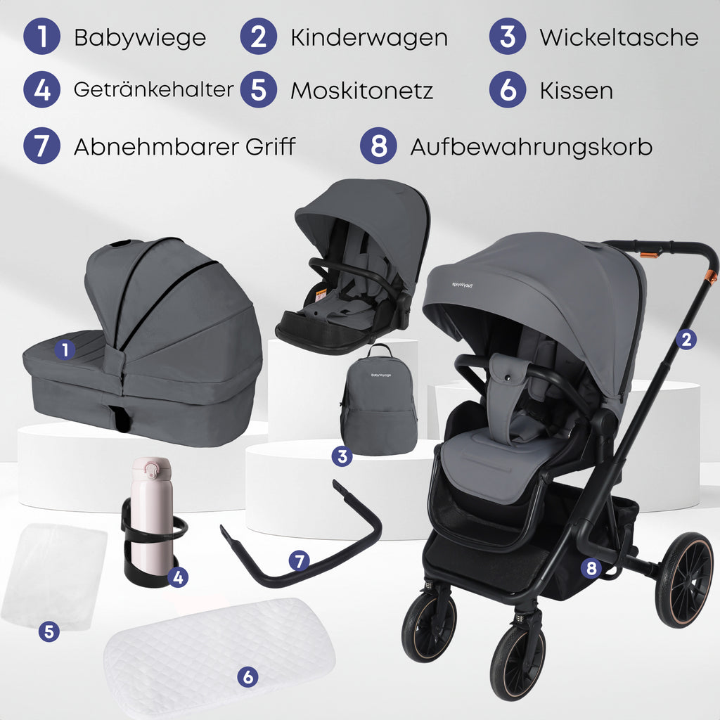 BabyVoyage 2-in-1 kinderwagen Geeignet für Neugeborene Einhand-Faltung Schwarz