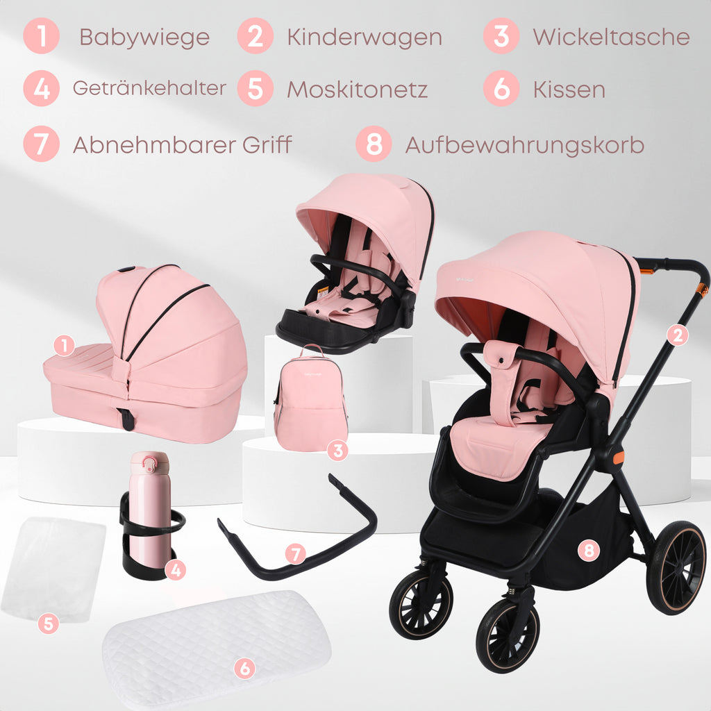 BabyVoyage Kinderwagen 2 in 1 faltbar, separate Schlafwanne und Sitz, Getränkehalter, Moskitonetz und weitere Geschenke