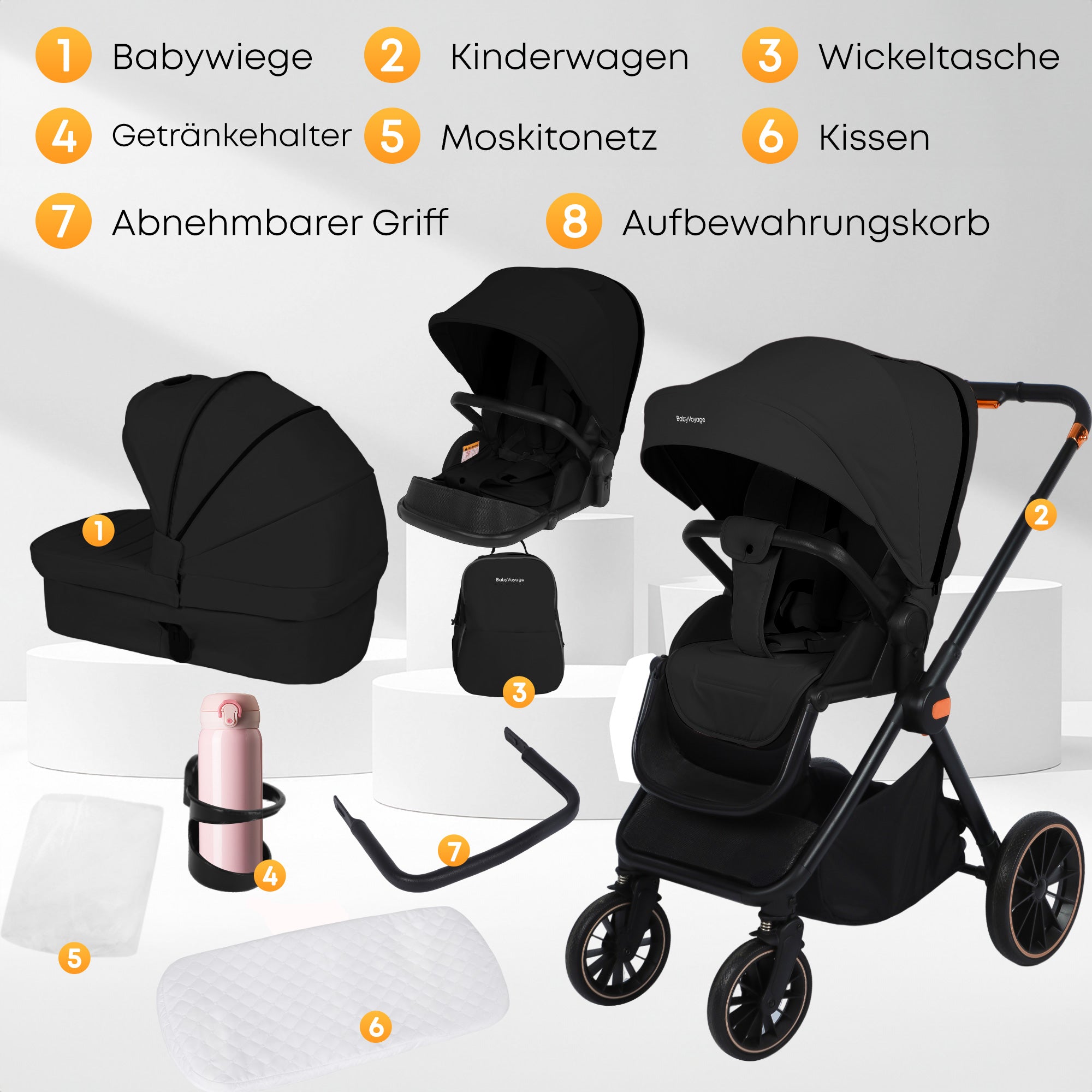 BabyVoyage 2-in-1 kinderwagen Geeignet für Neugeborene Einhand-Faltung Schwarz