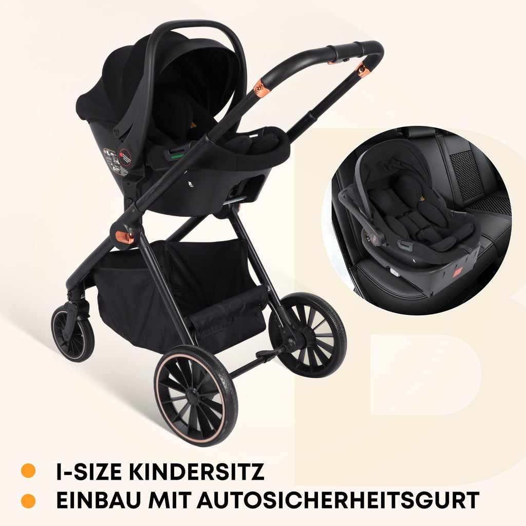 BabyVoyage 3-in-1 Tiefschwarz-Kinderwagen | Militäraluminium + XXL-Wickeltasche | Einhand-Faltung & Allwettertauglich