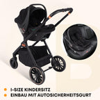 BabyVoyage 3-in-1 Tiefschwarz-Kinderwagen | Militäraluminium + XXL-Wickeltasche | Einhand-Faltung & Allwettertauglich