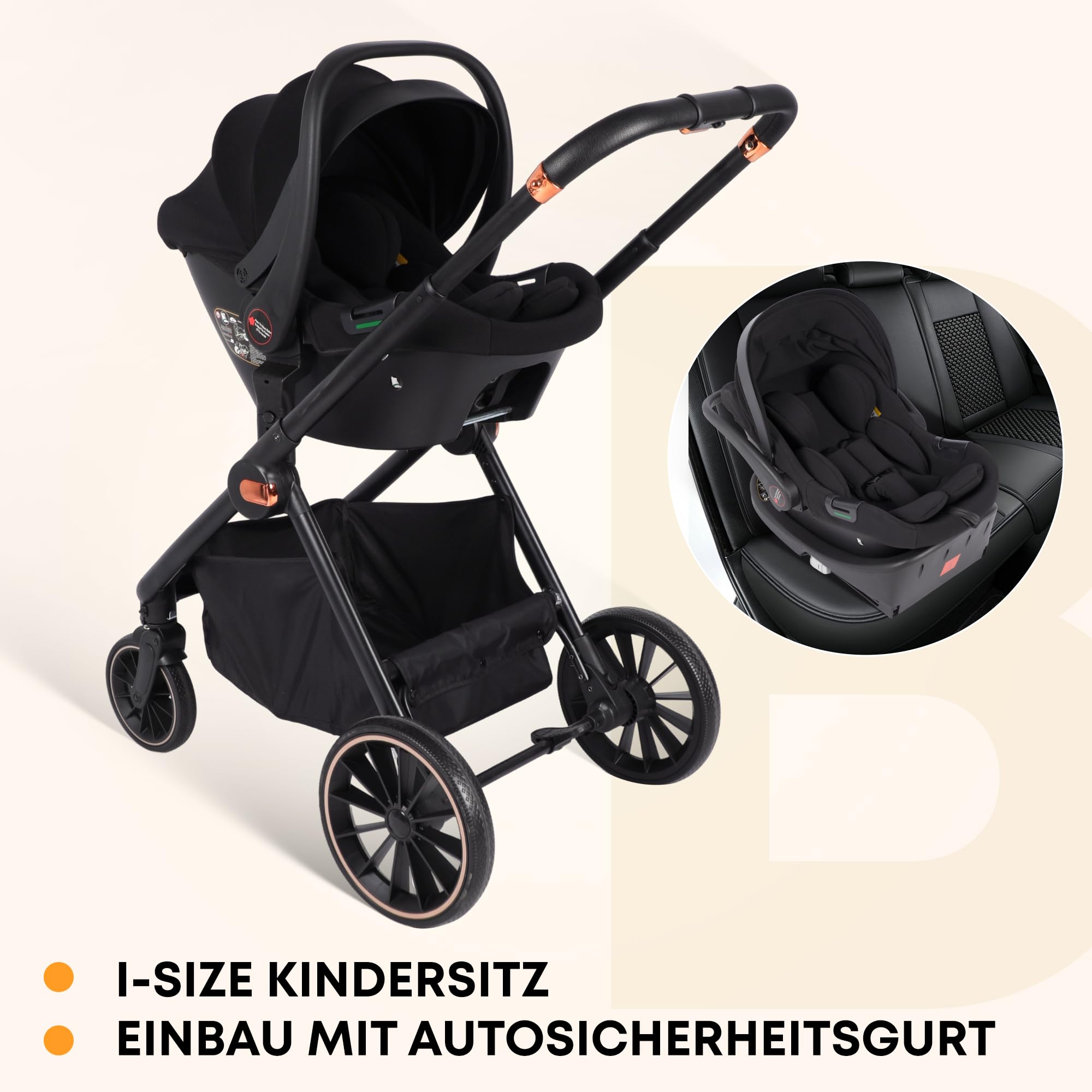 BabyVoyage 3-in-1 Tiefschwarz-Kinderwagen | Militäraluminium + XXL-Wickeltasche | Einhand-Faltung & Allwettertauglich