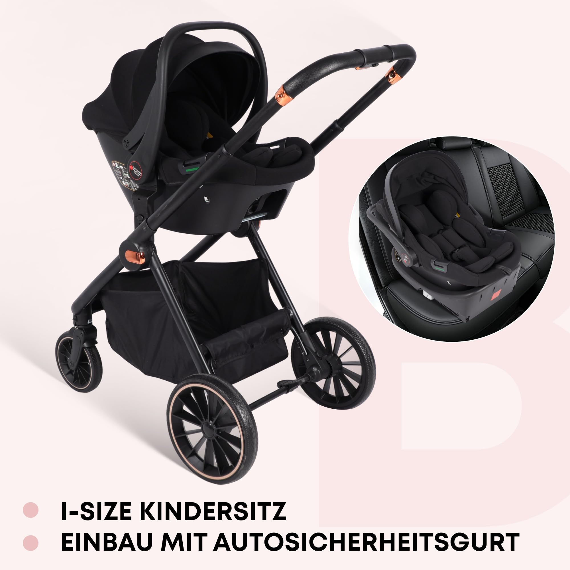 BabyVoyage 3-in-1 Premium-Kinderwagen | Kirschblüten-Rosa | Zweiweg-Montage + Flugzeugaluminium