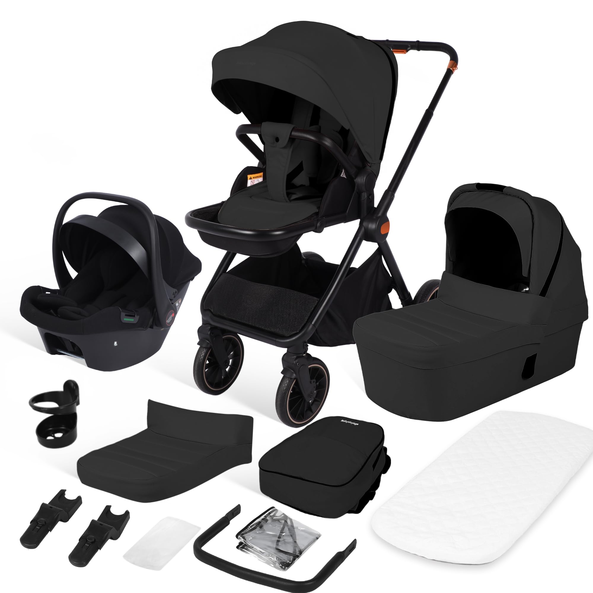 BabyVoyage 3-in-1 Tiefschwarz-Kinderwagen | Militäraluminium + XXL-Wickeltasche | Einhand-Faltung & Allwettertauglich