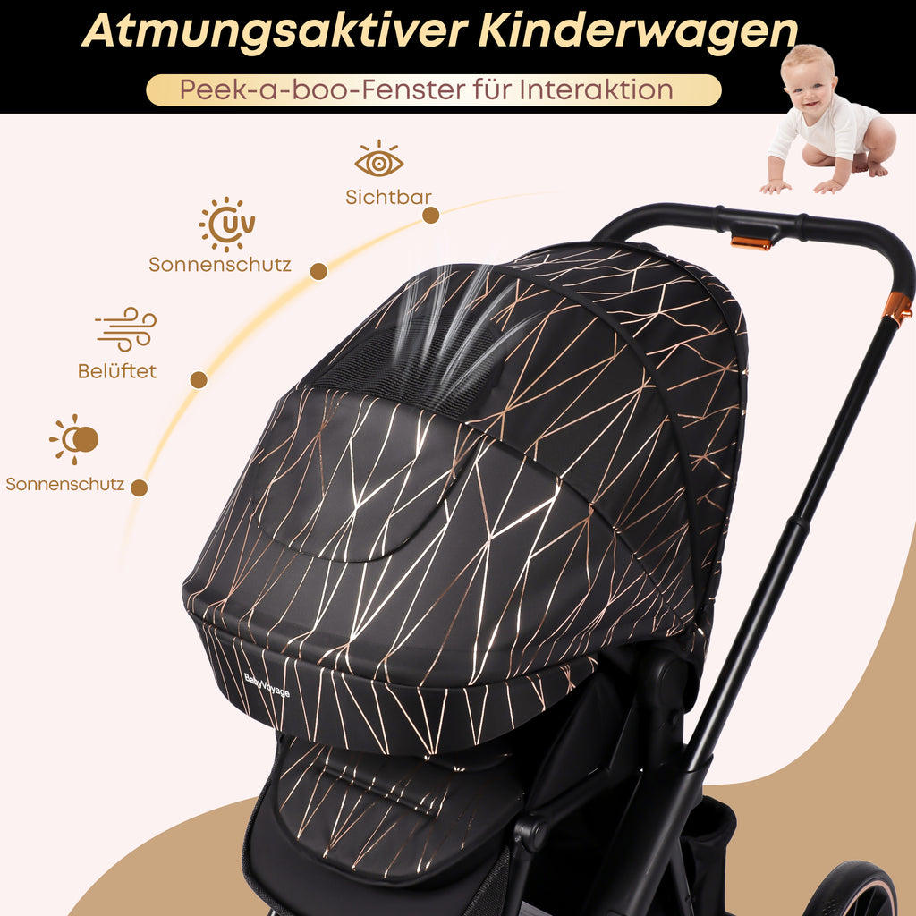 BabyVoyage 2 in 1 kinderwagen  Sternenhimmel-Grau Babywanne & Sportsitz, Räder 360° Stoßdämpfer