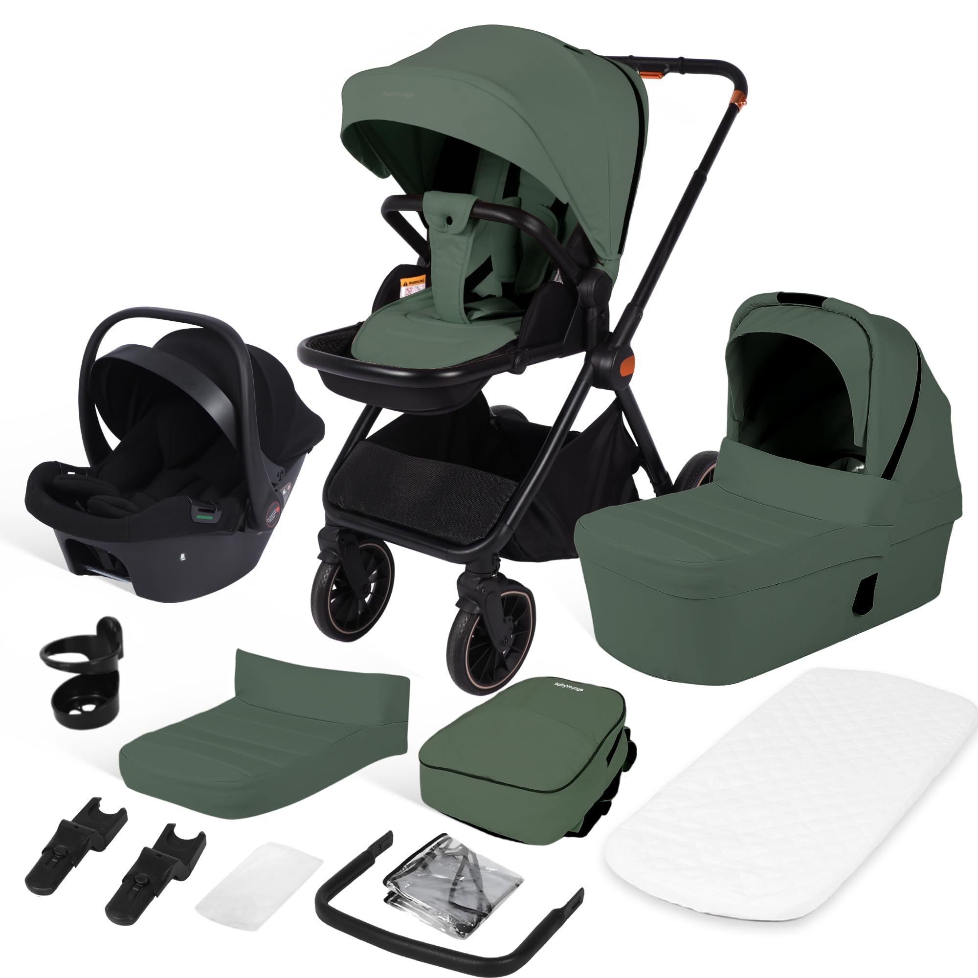 BabyVoyage 3-in-1Kinderwagen| Zweiweg-Montage & Einhand-Faltung Klassisches Grün