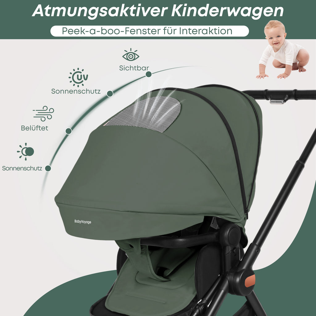 Baby Voyage kinderwagen Khaki 2-in-1 Federung Höhenverstellbarer Griff Zusammenklappbar Gleiten