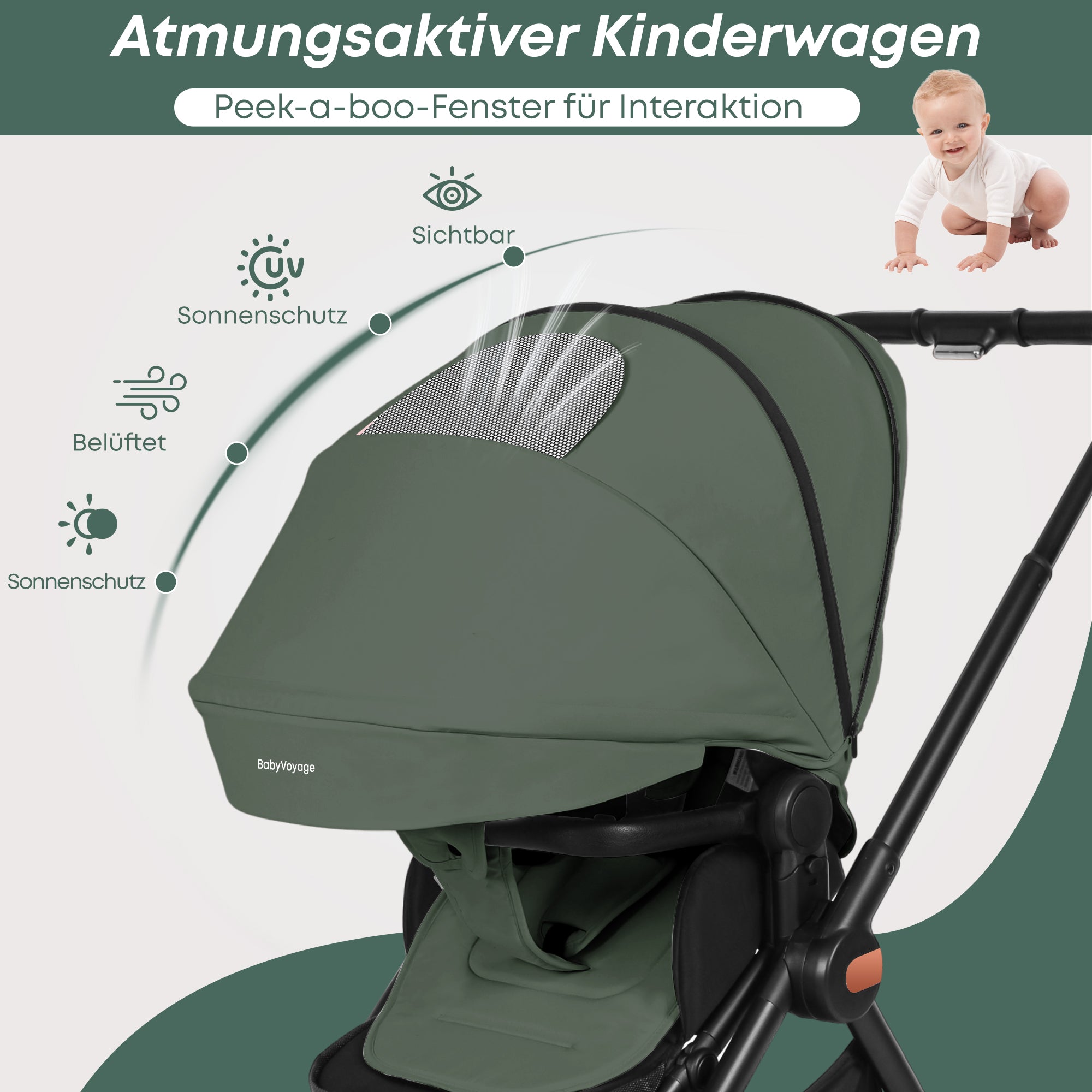 Baby Voyage kinderwagen Khaki 2-in-1 Federung Höhenverstellbarer Griff Zusammenklappbar Gleiten