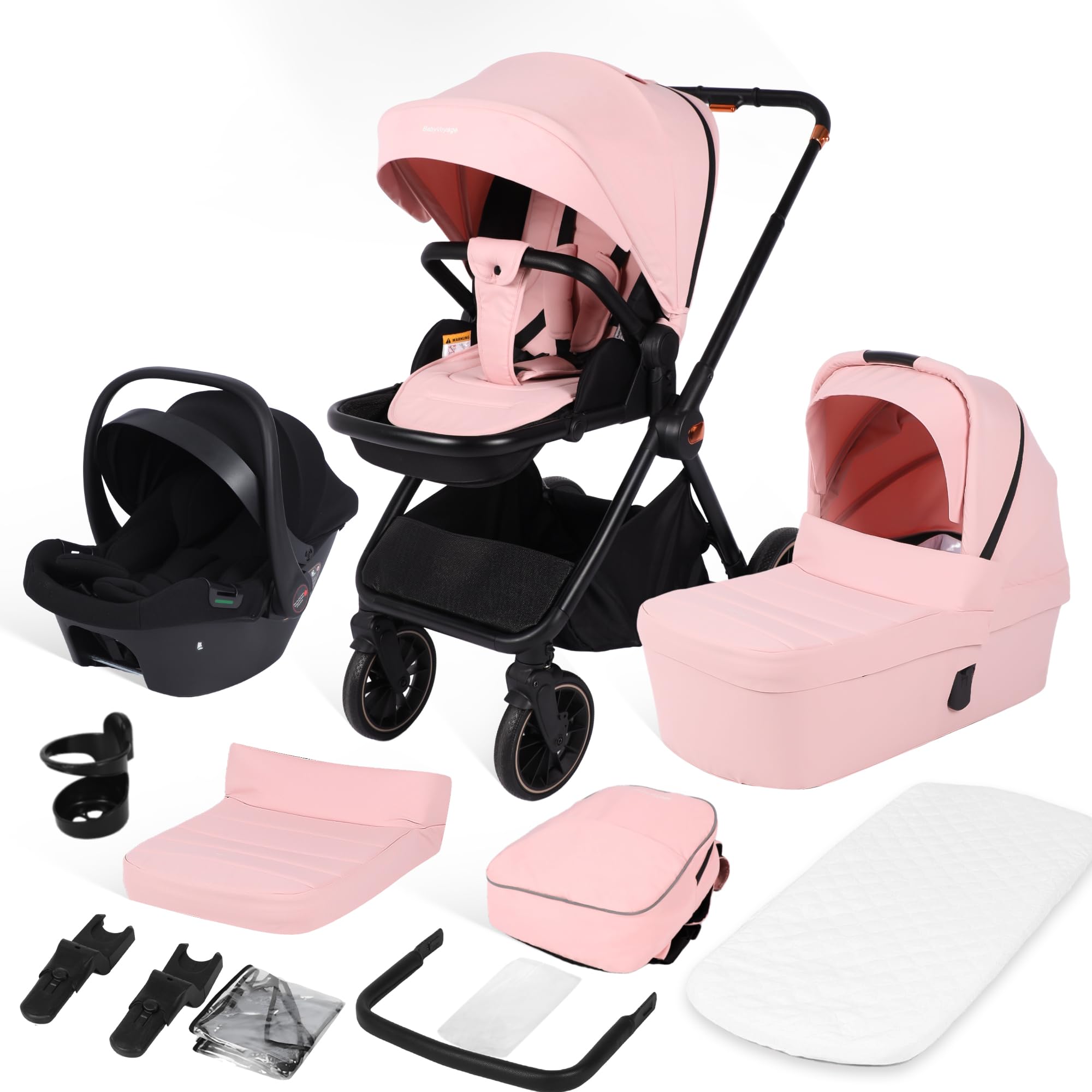 BabyVoyage 3-in-1 Premium-Kinderwagen | Kirschblüten-Rosa | Zweiweg-Montage + Flugzeugaluminium
