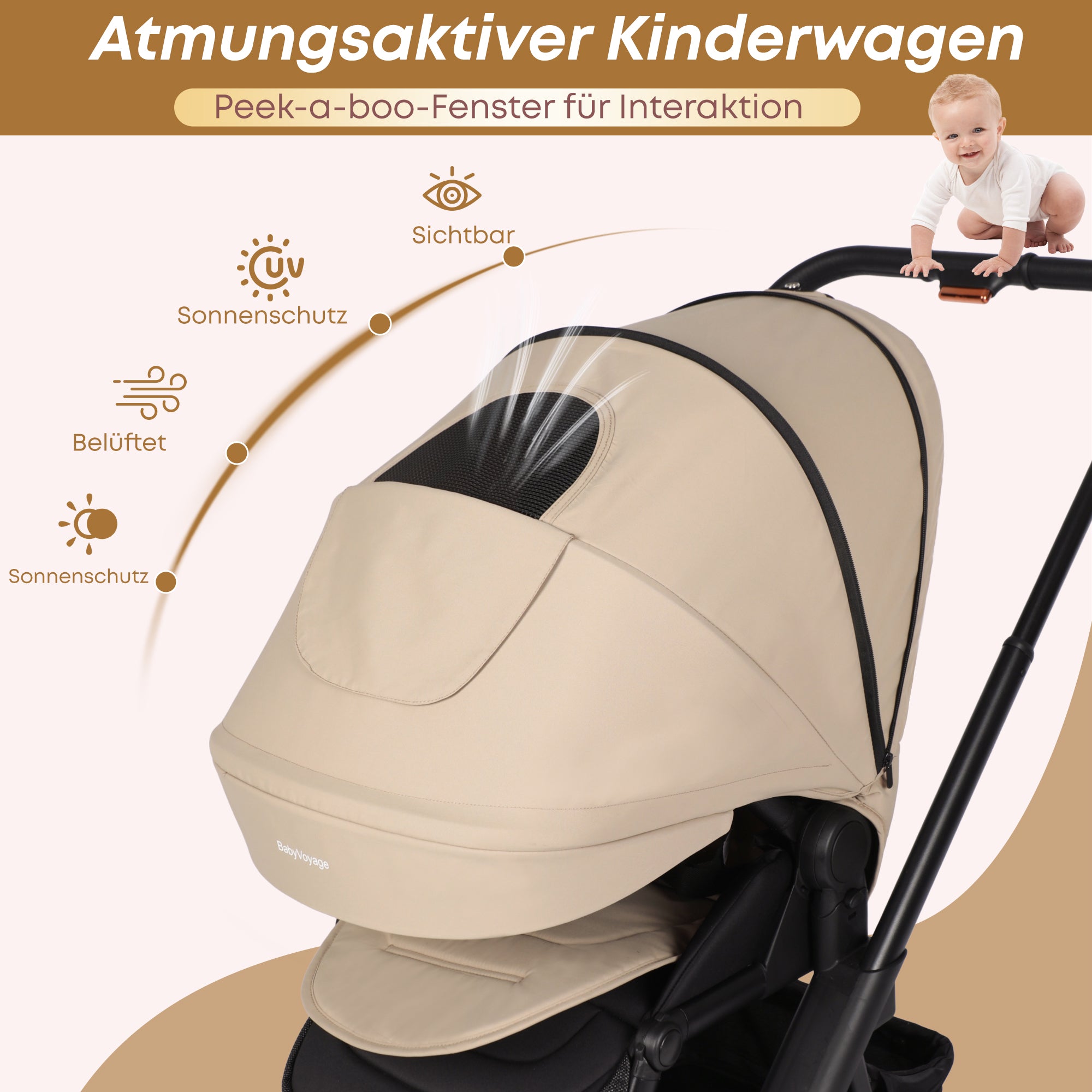 Baby Voyage kinderwagen Khaki 2-in-1 Federung Höhenverstellbarer Griff Zusammenklappbar Gleiten