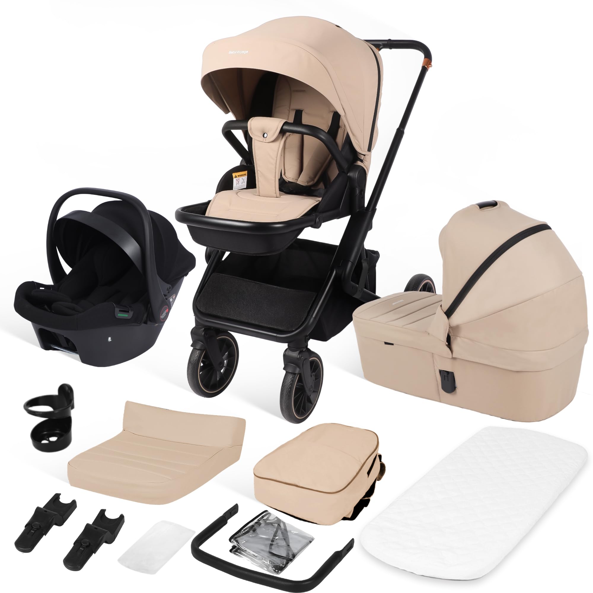 BabyVoyage 3in1 Kinderwagen Set:  Babywanne & Sicherheitssitz Khaki