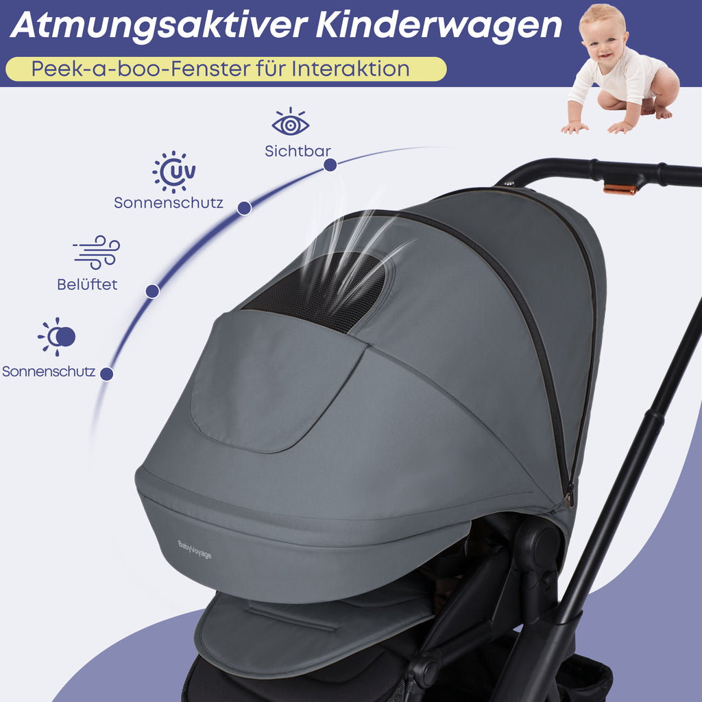 BabyVoyage Kinderwagen 2 in 1 faltbar, separate Schlafwanne und Sitz, Getränkehalter, Moskitonetz und weitere Geschenke