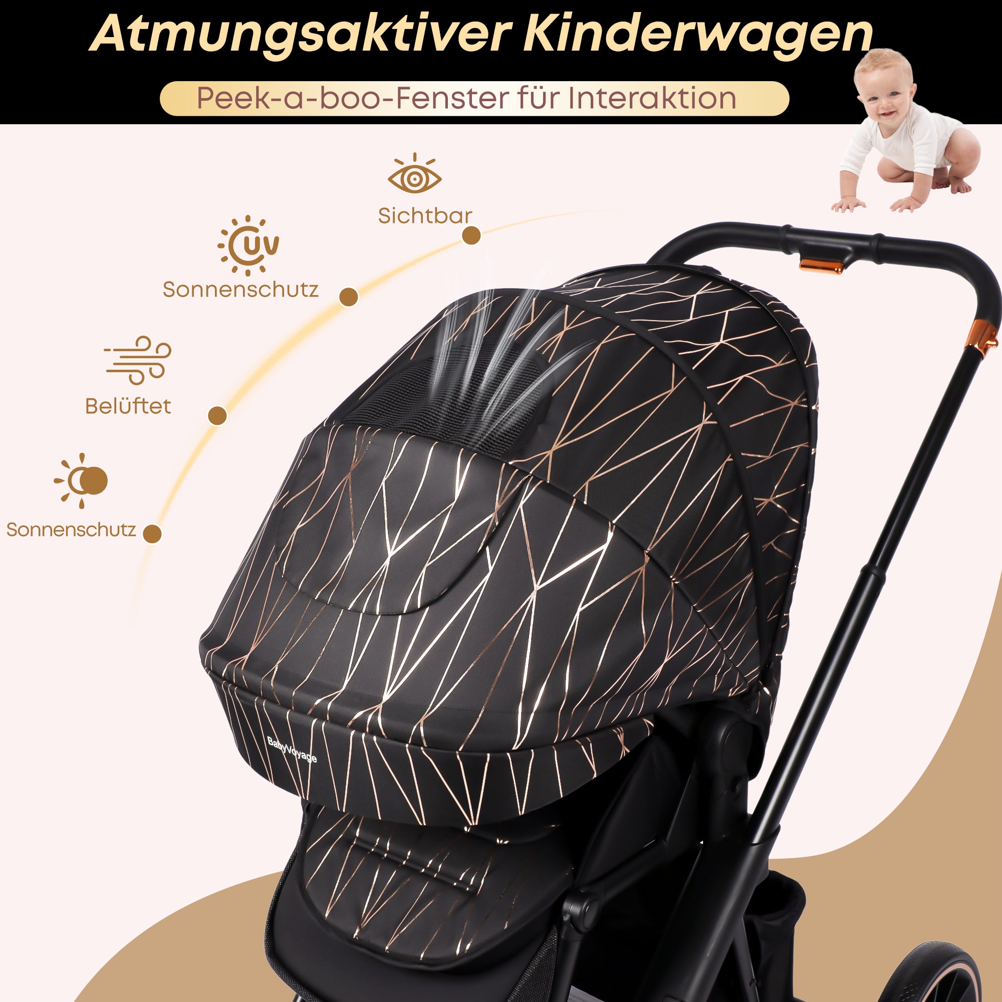 BabyVoyage Kinderwagen 2 in 1 faltbar, separate Schlafwanne und Sitz, Getränkehalter, Moskitonetz und weitere Geschenke