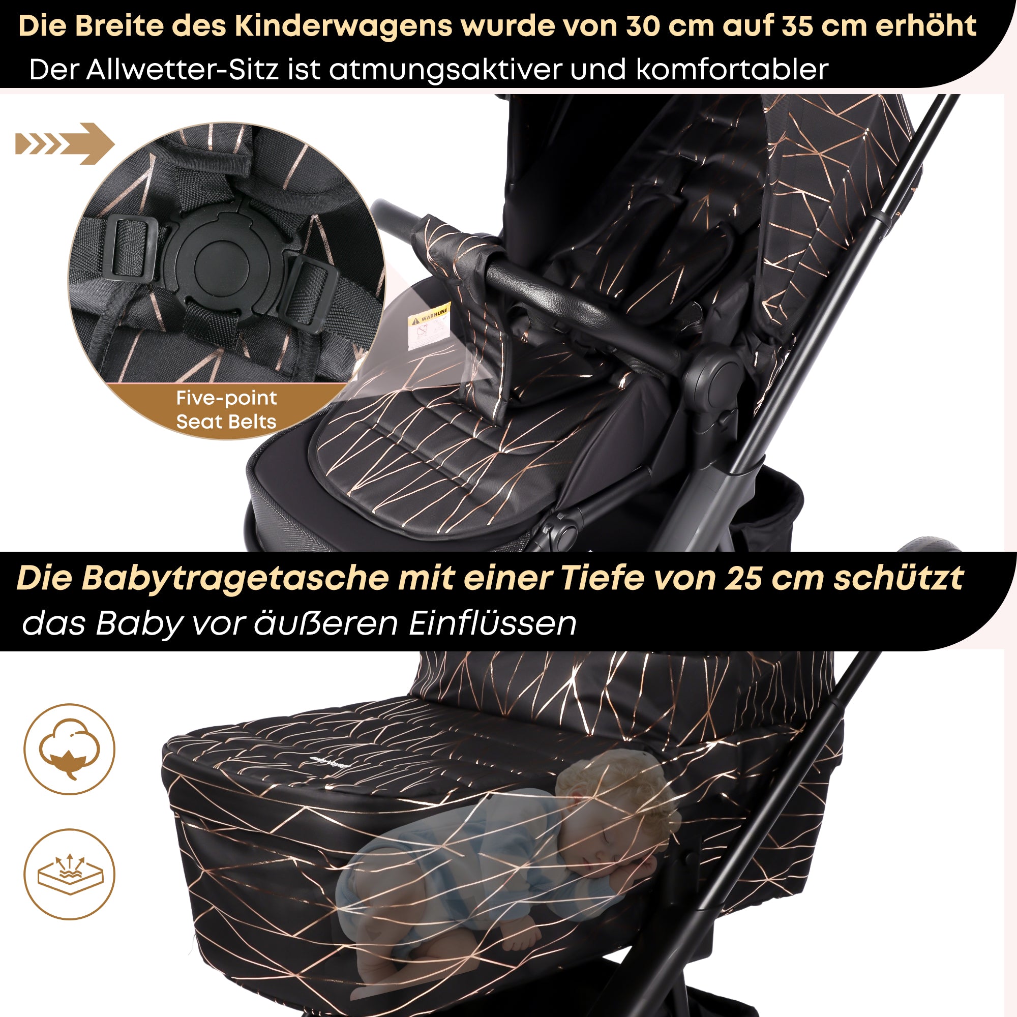BabyVoyage 2 in 1 kinderwagen  Sternenhimmel-Grau Babywanne & Sportsitz, Räder 360° Stoßdämpfer