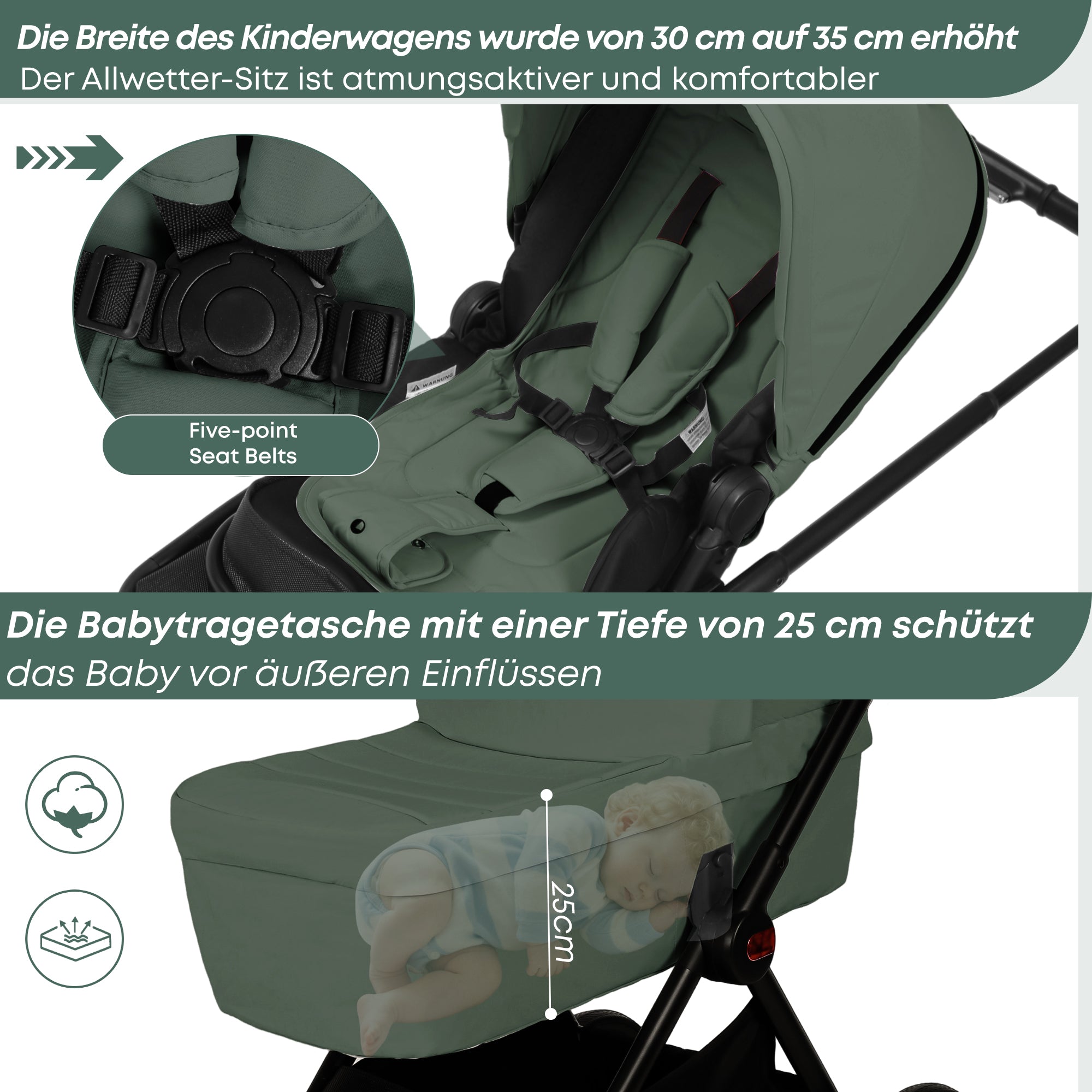 Baby Voyage kinderwagen Khaki 2-in-1 Federung Höhenverstellbarer Griff Zusammenklappbar Gleiten
