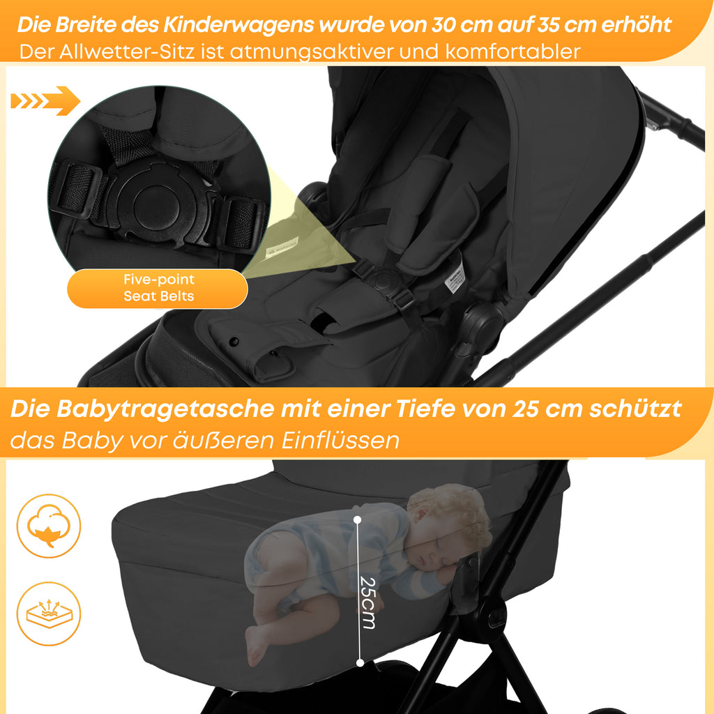 BabyVoyage 2 in 1 kinderwagen  Sternenhimmel-Grau Babywanne & Sportsitz, Räder 360° Stoßdämpfer