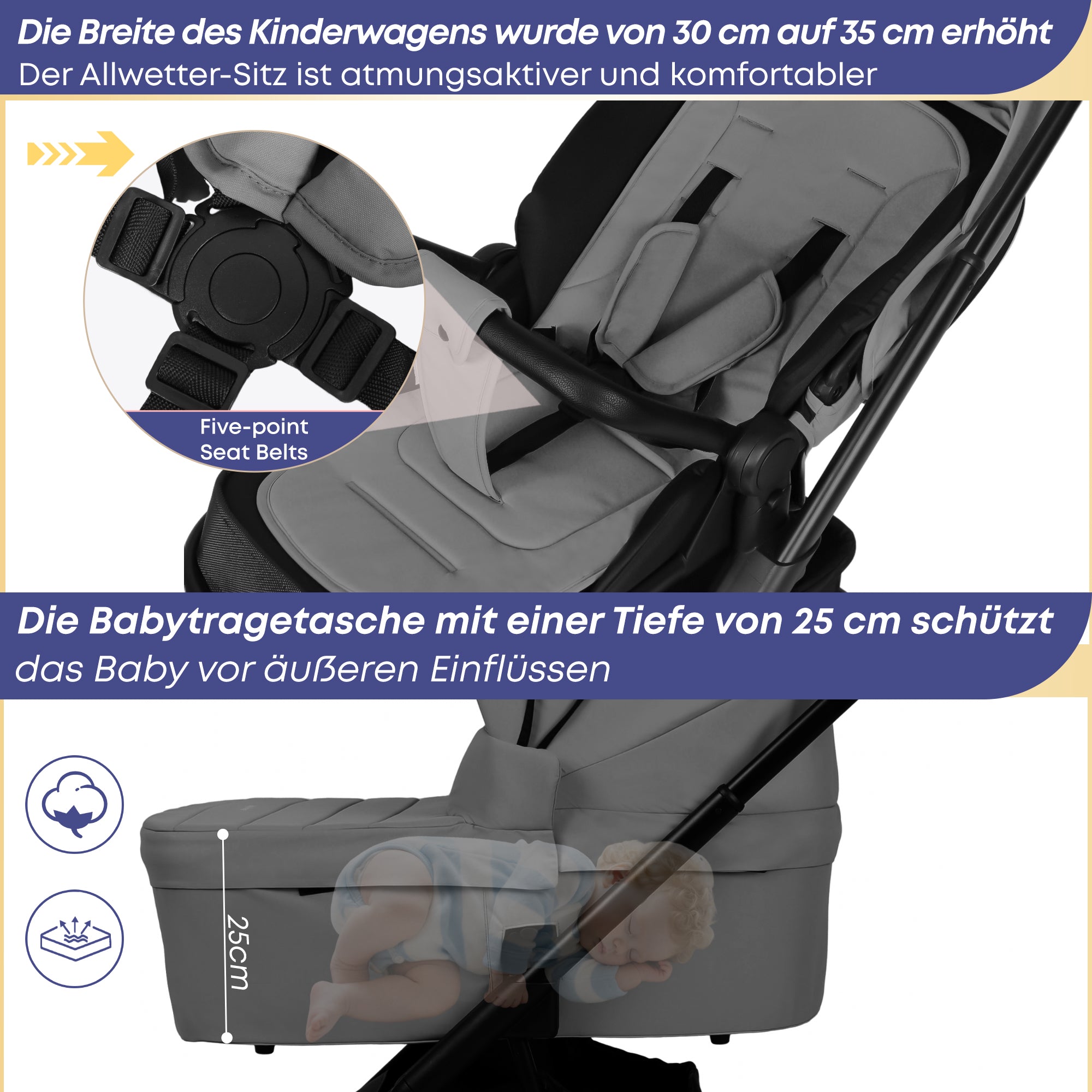 BabyVoyage 2-in-1 kinderwagen Geeignet für Neugeborene Einhand-Faltung Schwarz