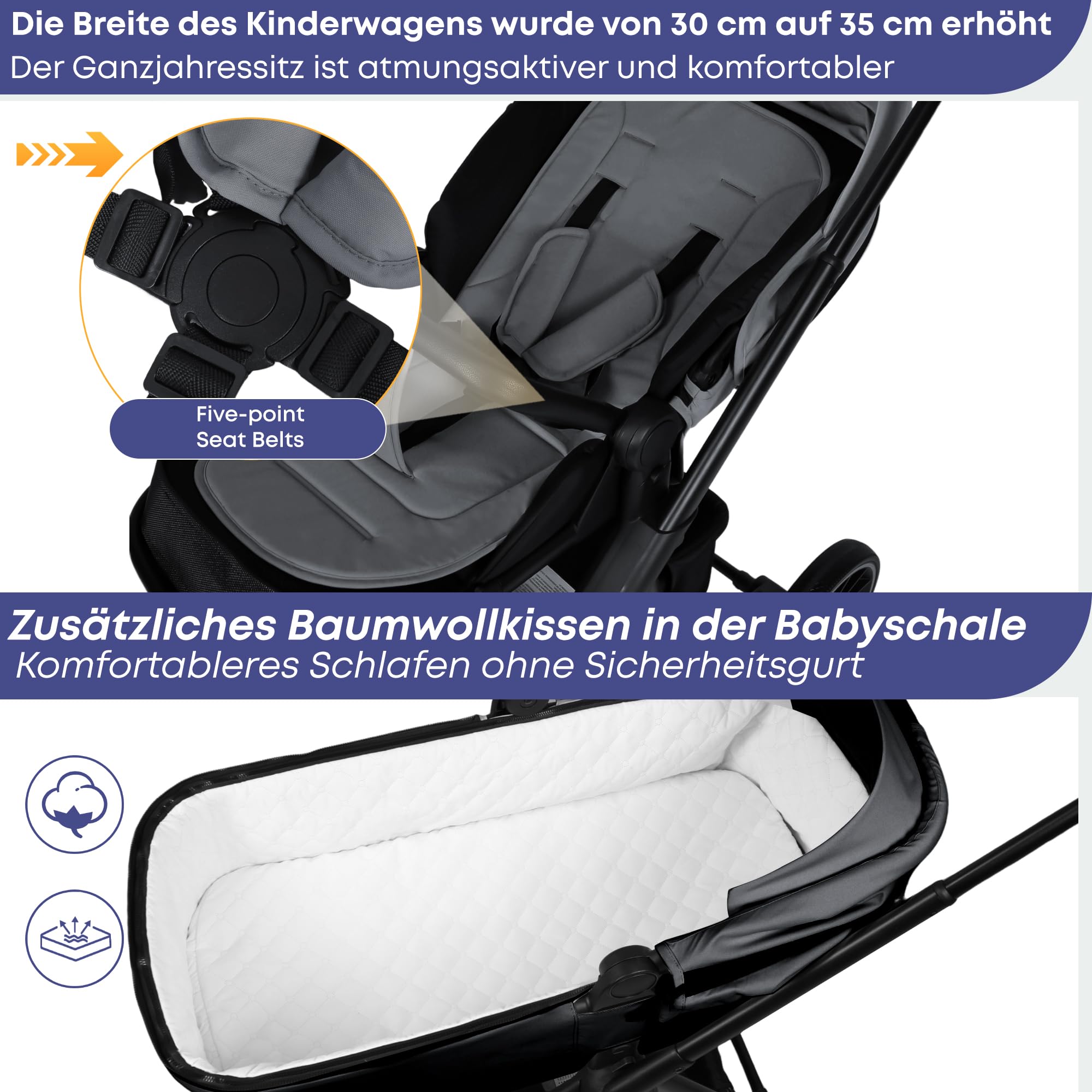 BabyVoyage 3in1 Kinderwagen Set:  Babywanne & Sicherheitssitz Khaki