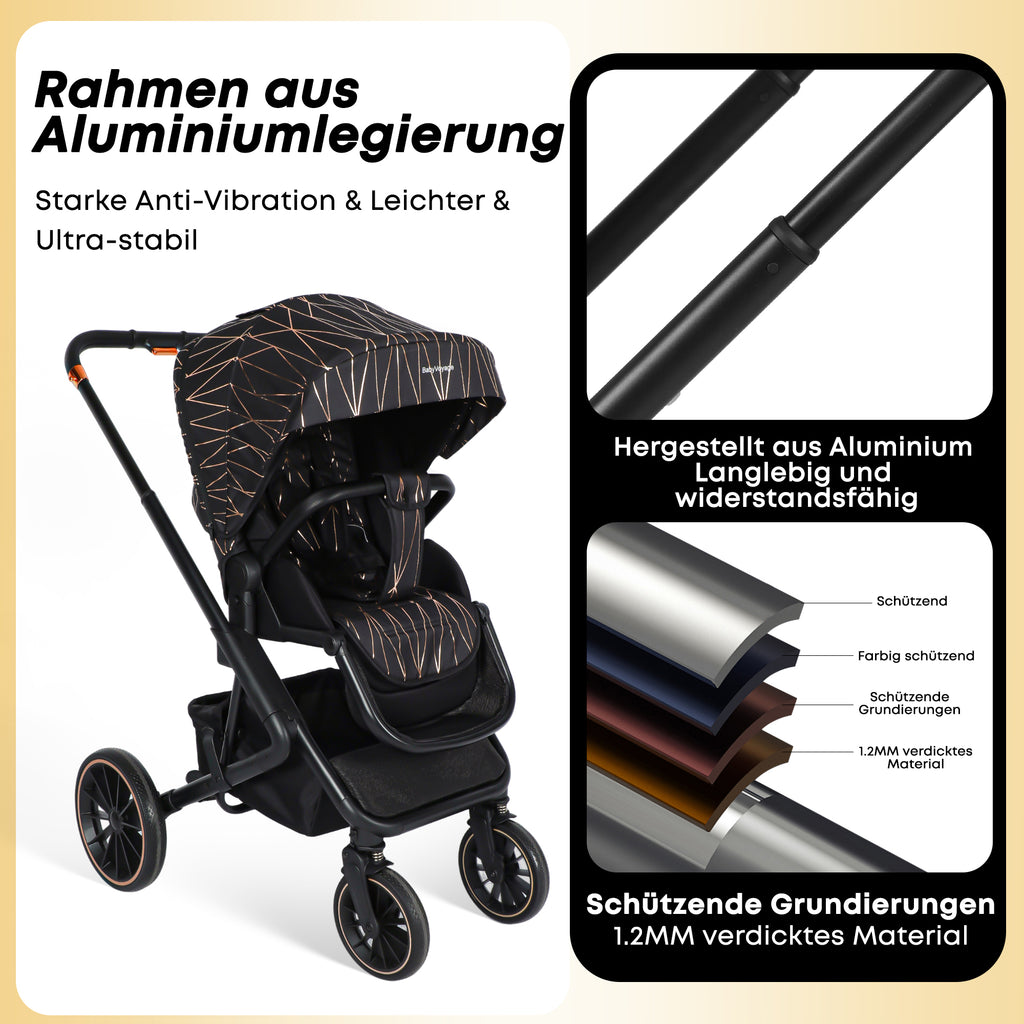 BabyVoyage 4-in-1 Kinderwagen set Schwarz und Gold Nahtloser Wechsel zwischen mehreren Szenen