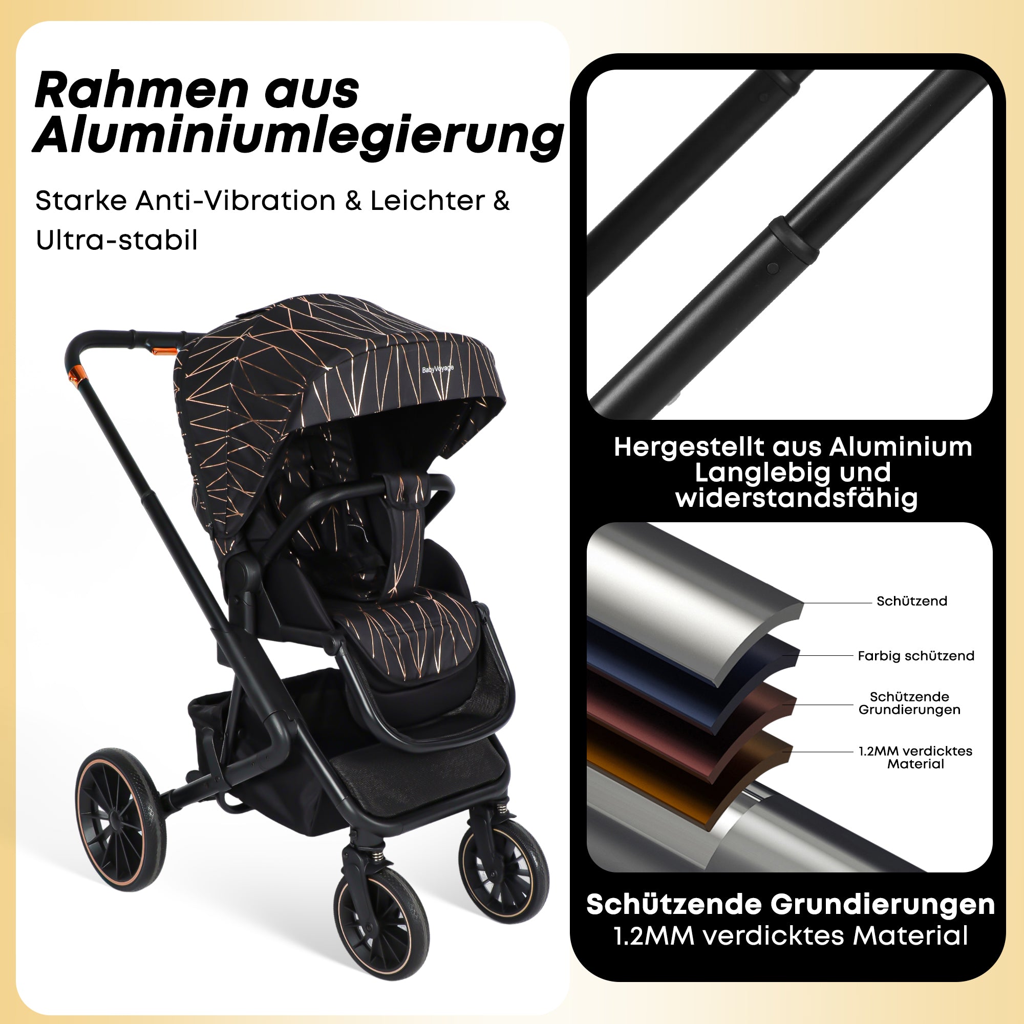 BabyVoyage 4-in-1 Kinderwagen set Schwarz und Gold Nahtloser Wechsel zwischen mehreren Szenen