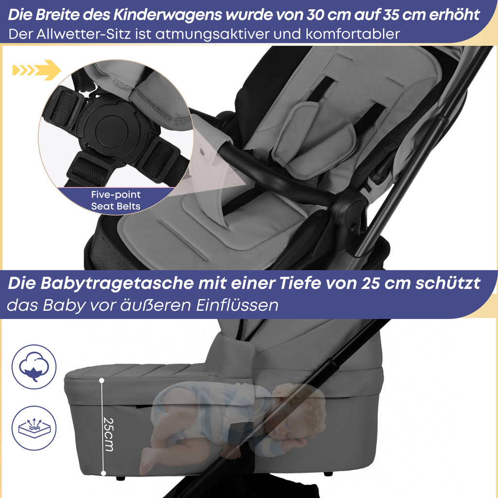 2-in-1-Kinderwagen, faltbar, für Neugeborene, mit Aluminiumrahmen und umkehrbarem Sitz