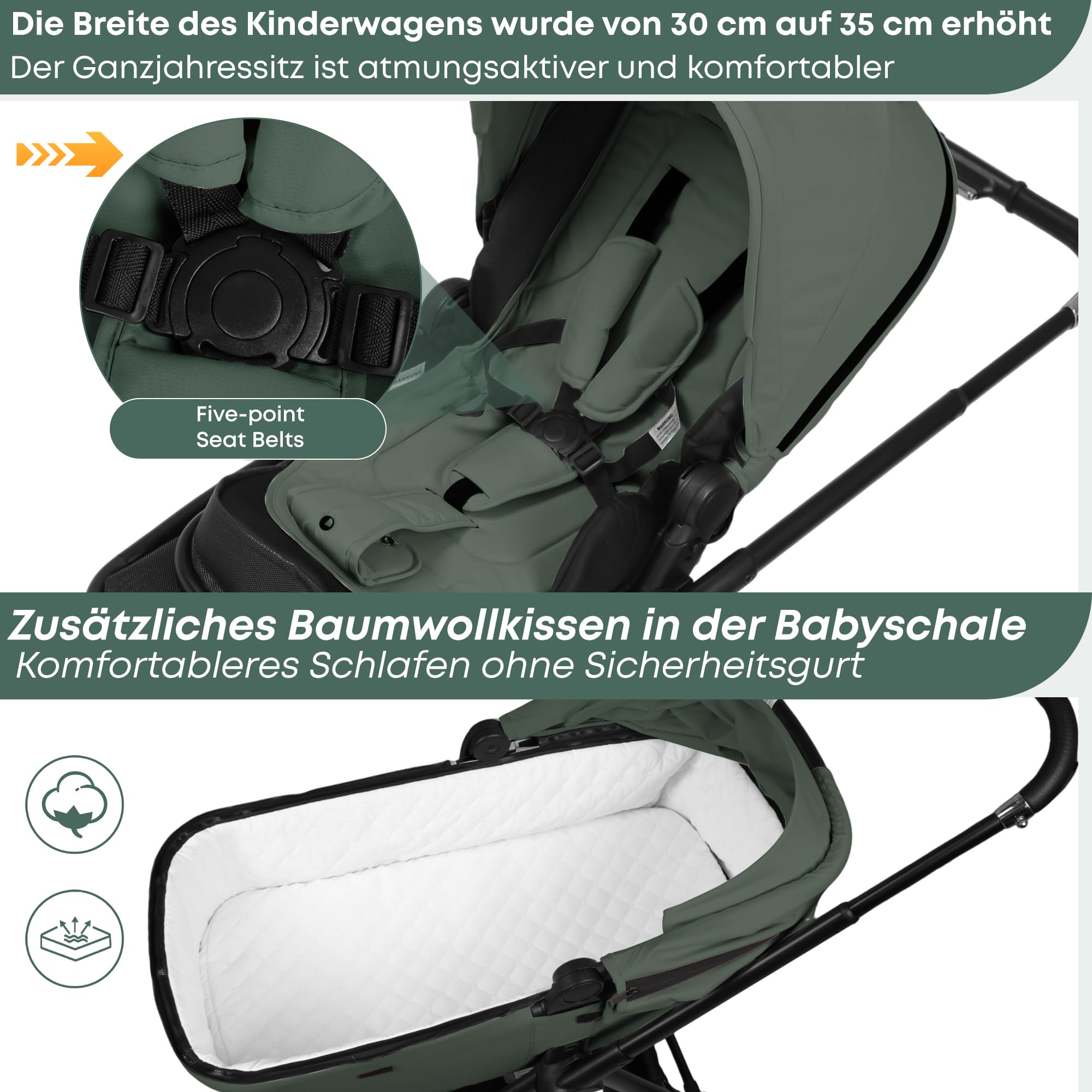 BabyVoyage 3-in-1Kinderwagen| Zweiweg-Montage & Einhand-Faltung Klassisches Grün