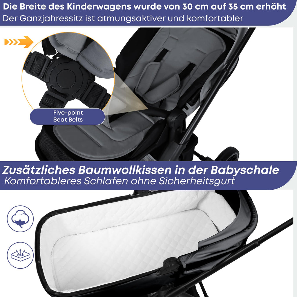 BabyVoyage 3-in-1 Jet Black Stroller | Military Aluminum + XXL Diaper Bag | One-Hand Folding &amp; All-Weather Suitable