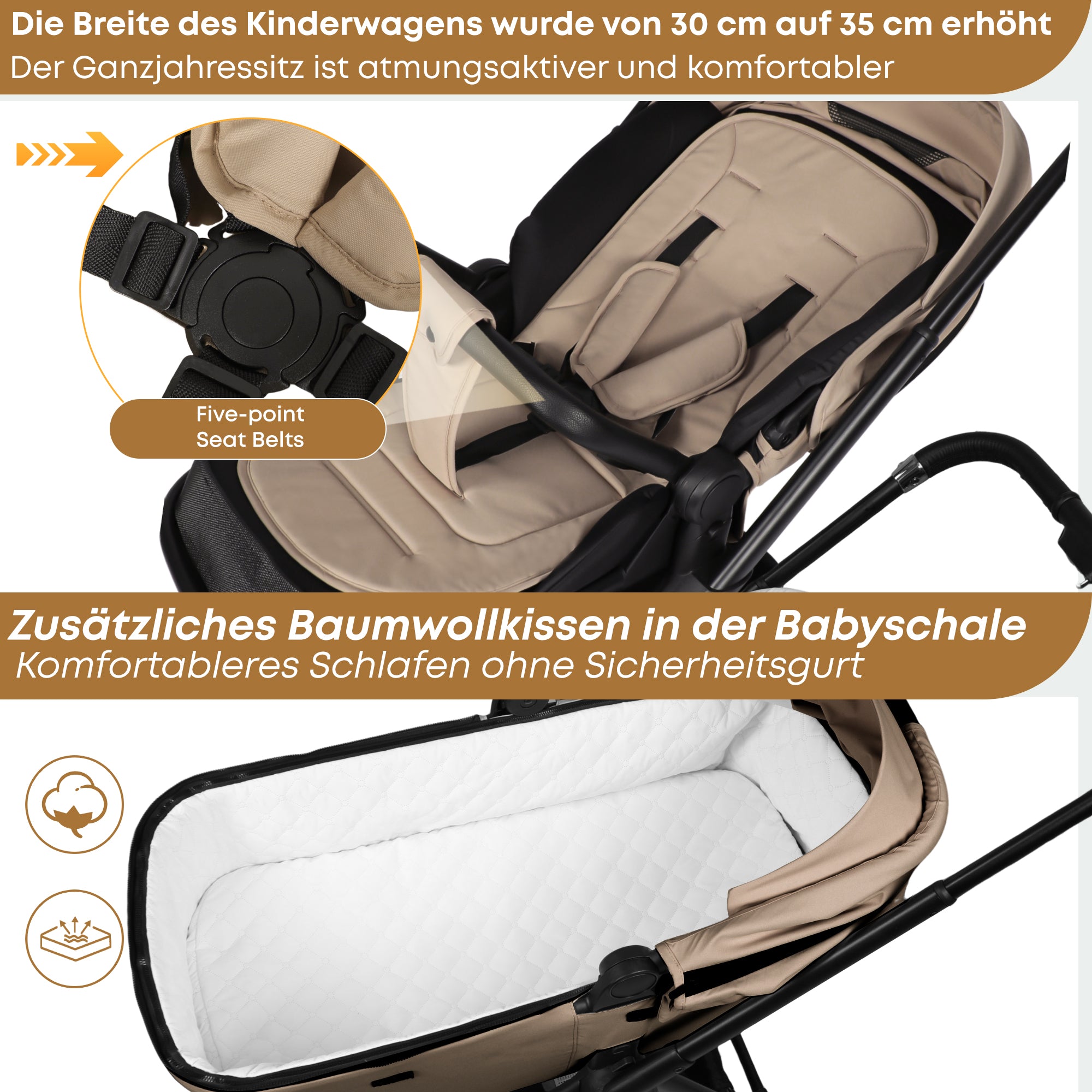 4 in 1 Kinderwagen-Set beige Premium-Travel System Babywanne+Buggy+Autositz