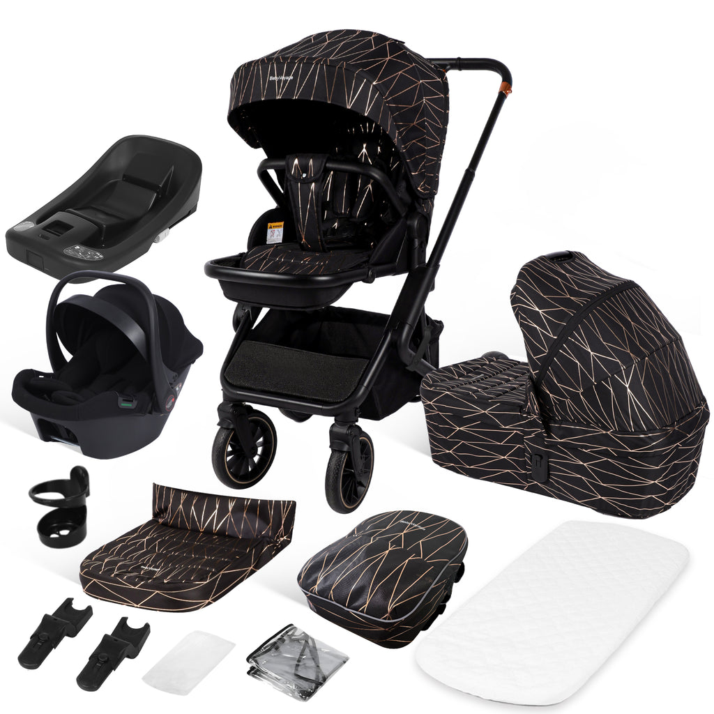 BabyVoyage 4-in-1 Kinderwagen set Schwarz und Gold Nahtloser Wechsel zwischen mehreren Szenen