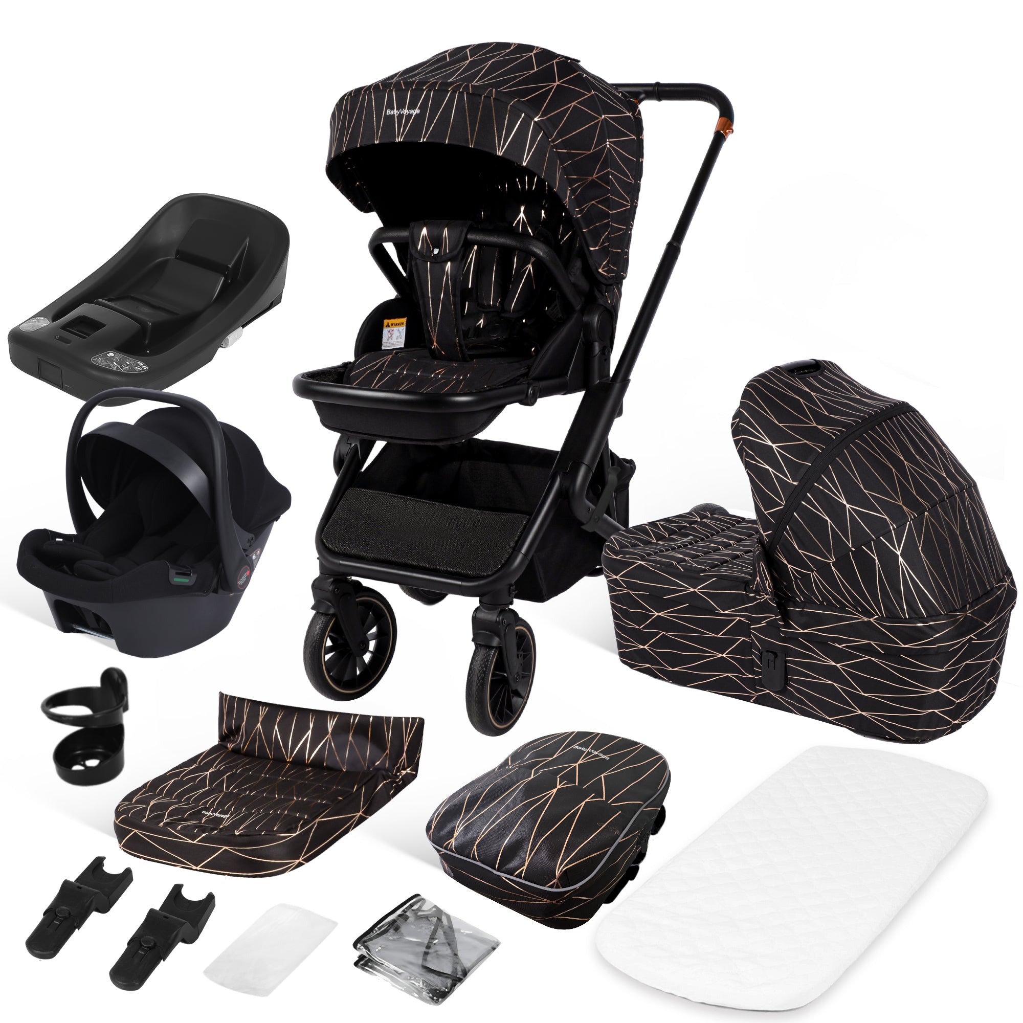 BabyVoyage 4-in-1 Kinderwagen set Schwarz und Gold Nahtloser Wechsel zwischen mehreren Szenen