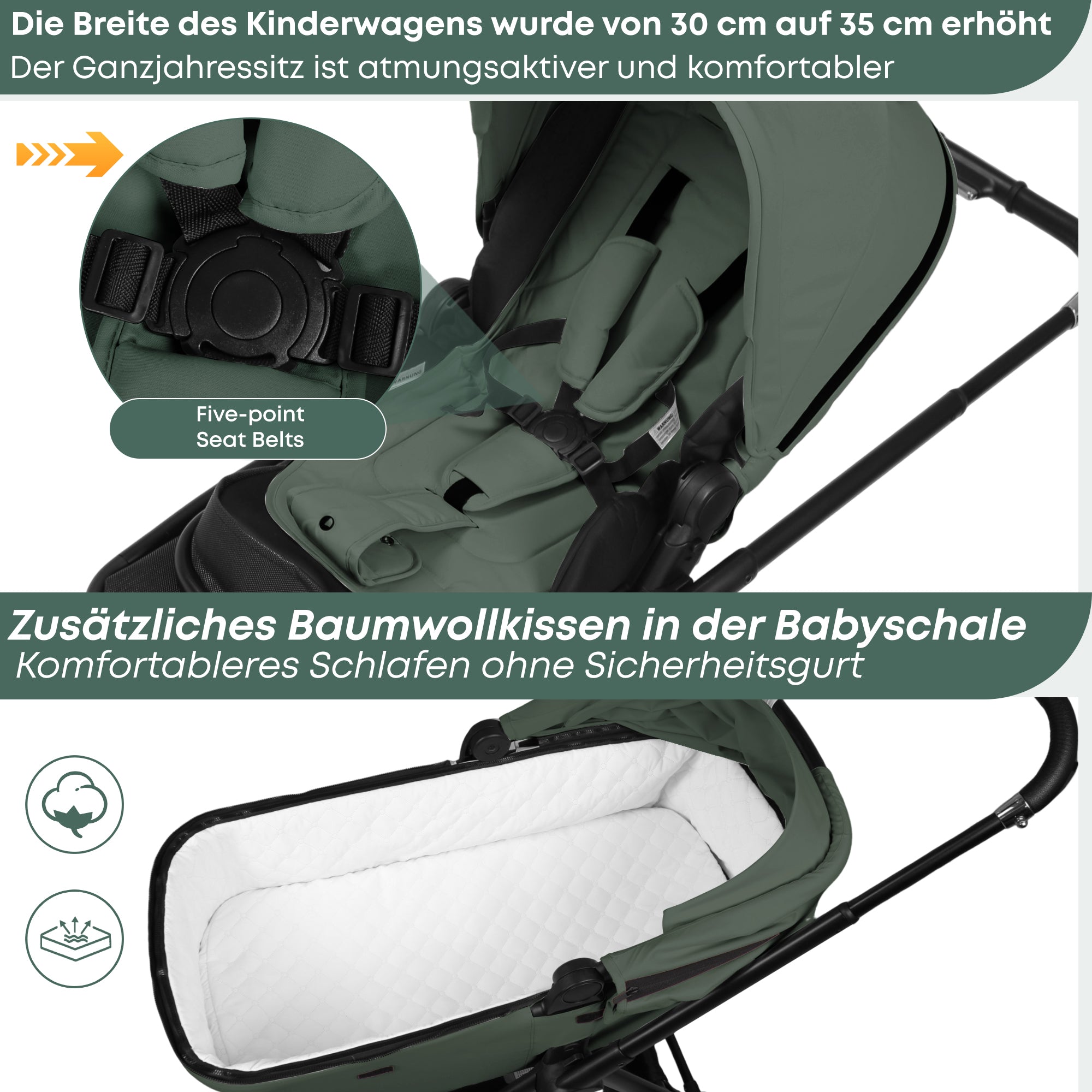 BabyVoyage 4 in 1 Kinderwagen Alpin Grün: Zwei Schiebe-Richtungen + Ein-Klick-Faltung