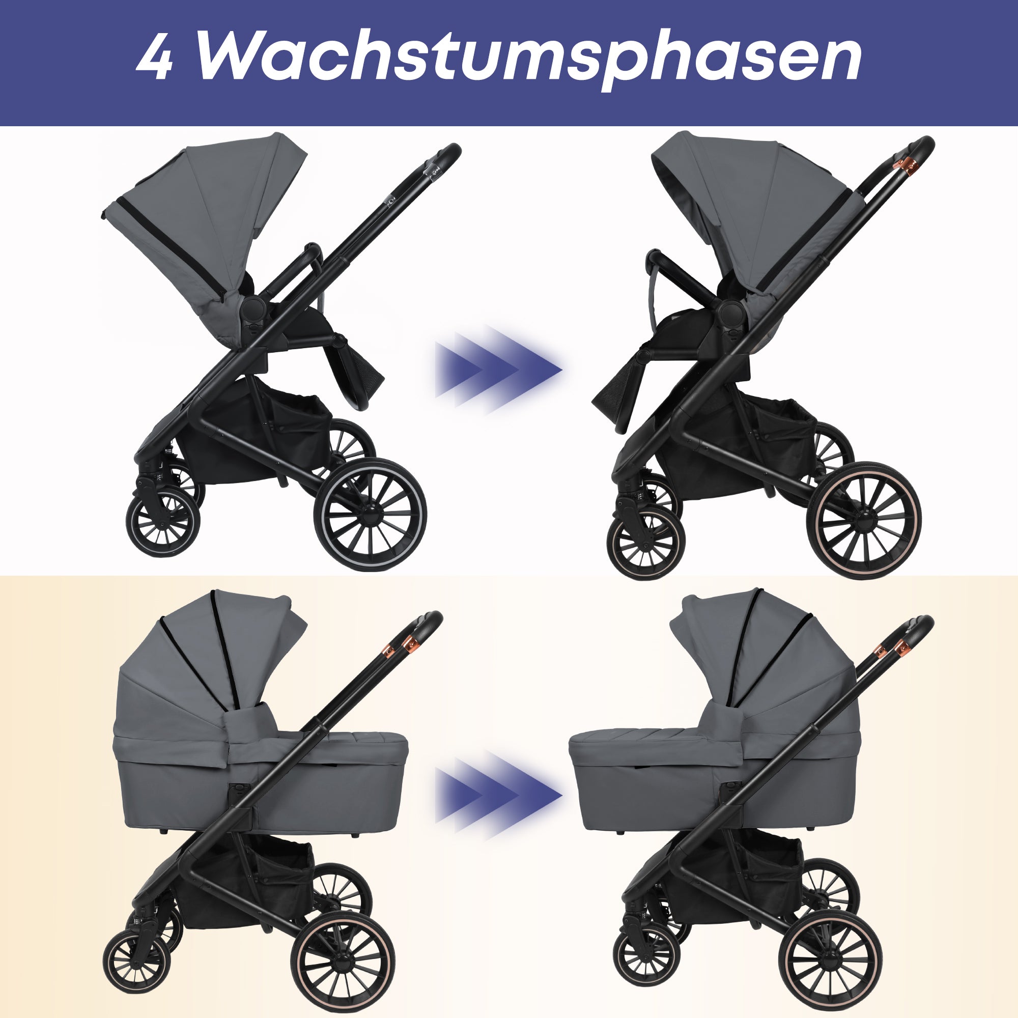 BabyVoyage 2 in 1 kinderwagen  Sternenhimmel-Grau Babywanne & Sportsitz, Räder 360° Stoßdämpfer