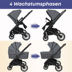 BabyVoyage Kinderwagen 2 in 1 faltbar, separate Schlafwanne und Sitz, Getränkehalter, Moskitonetz und weitere Geschenke