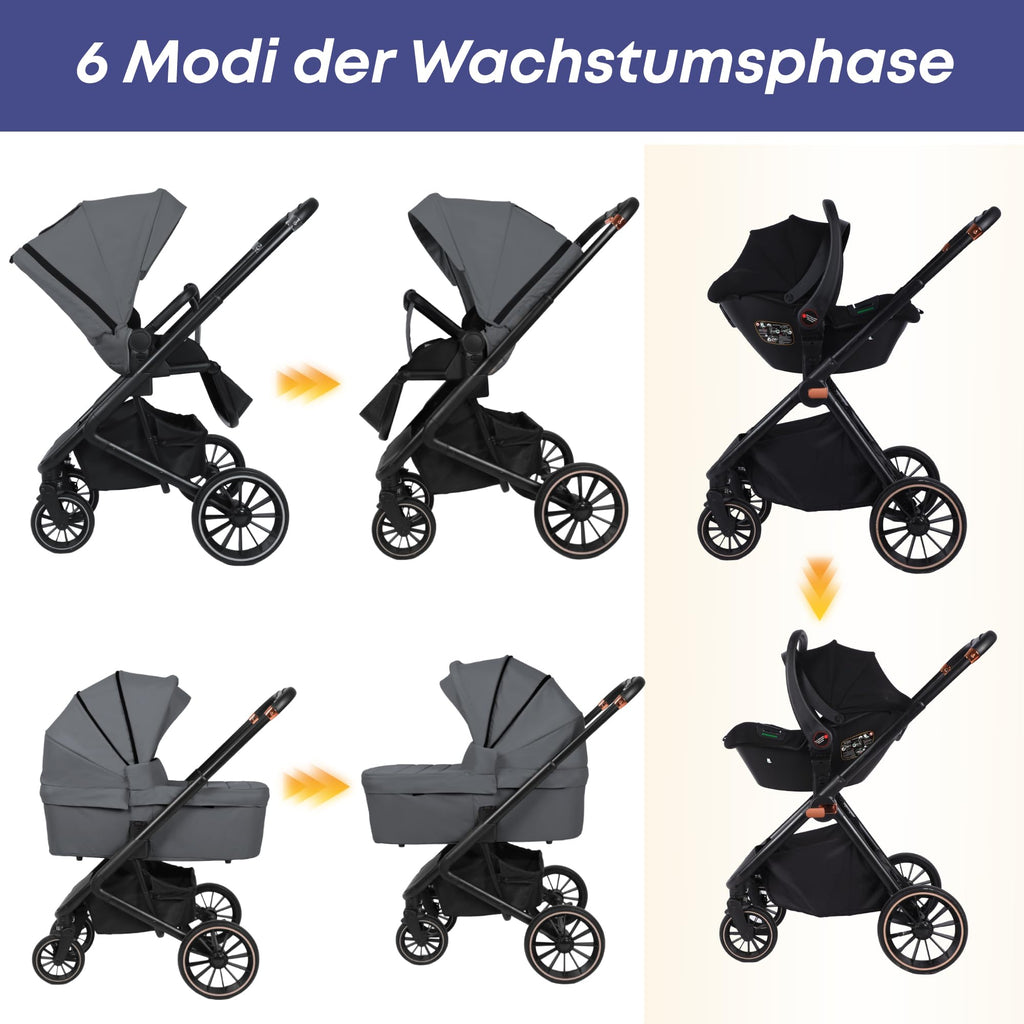 3-in-1 Kinderwagen–Federungssystem und verstellbarer Rückenlehne. Inklusive Babyschale  EN-18888 Normen.