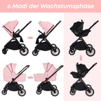 BabyVoyage 3-in-1 Premium-Kinderwagen | Kirschblüten-Rosa | Zweiweg-Montage + Flugzeugaluminium