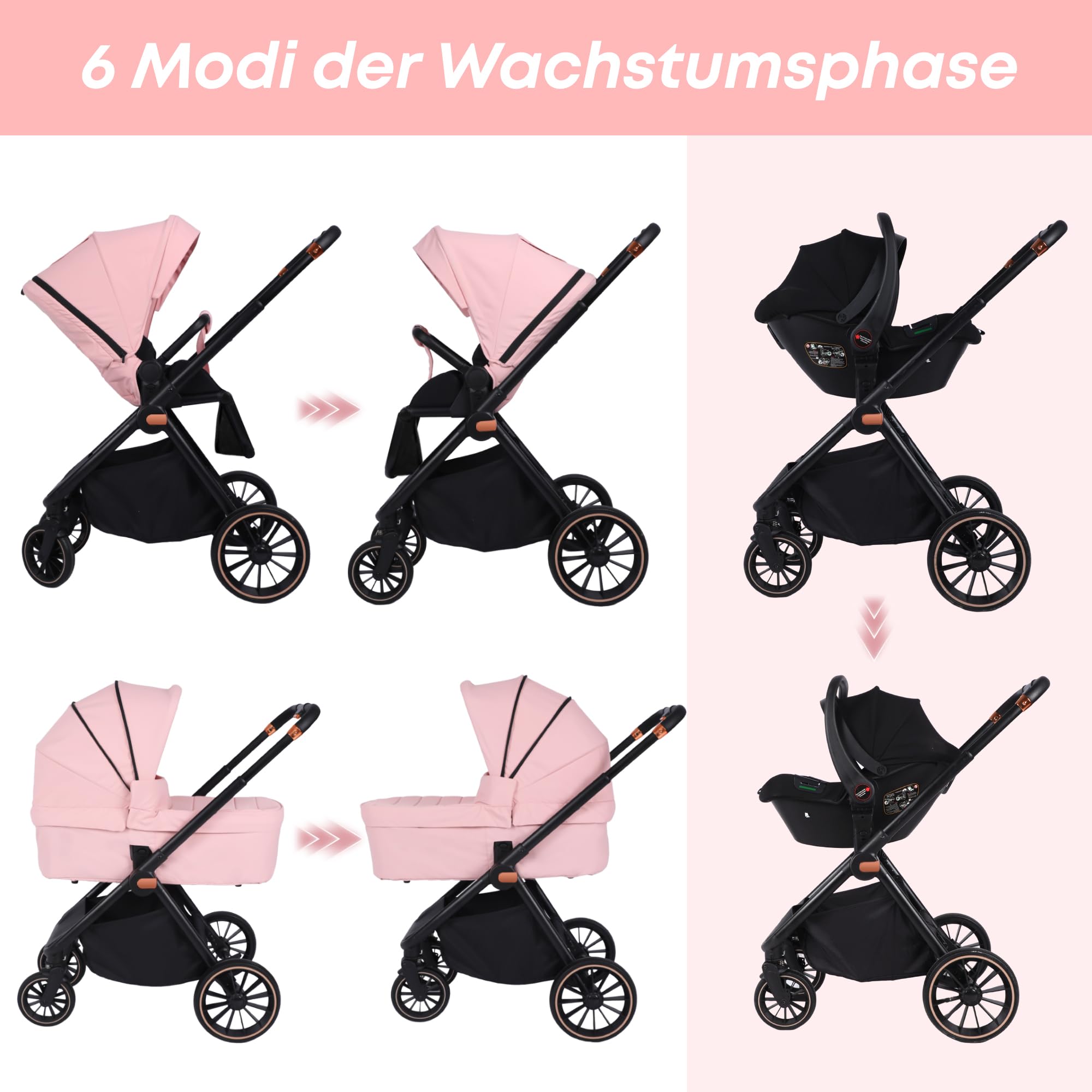 BabyVoyage 3-in-1 Premium-Kinderwagen | Kirschblüten-Rosa | Zweiweg-Montage + Flugzeugaluminium