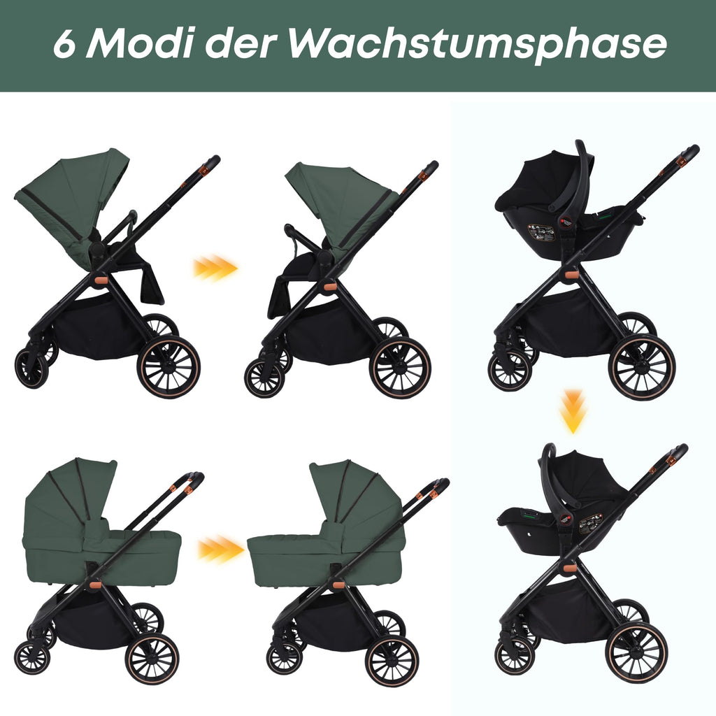 BabyVoyage 3-in-1 Jet Black Stroller | Military Aluminum + XXL Diaper Bag | One-Hand Folding &amp; All-Weather Suitable
