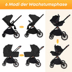 BabyVoyage 3-in-1 Tiefschwarz-Kinderwagen | Militäraluminium + XXL-Wickeltasche | Einhand-Faltung & Allwettertauglich